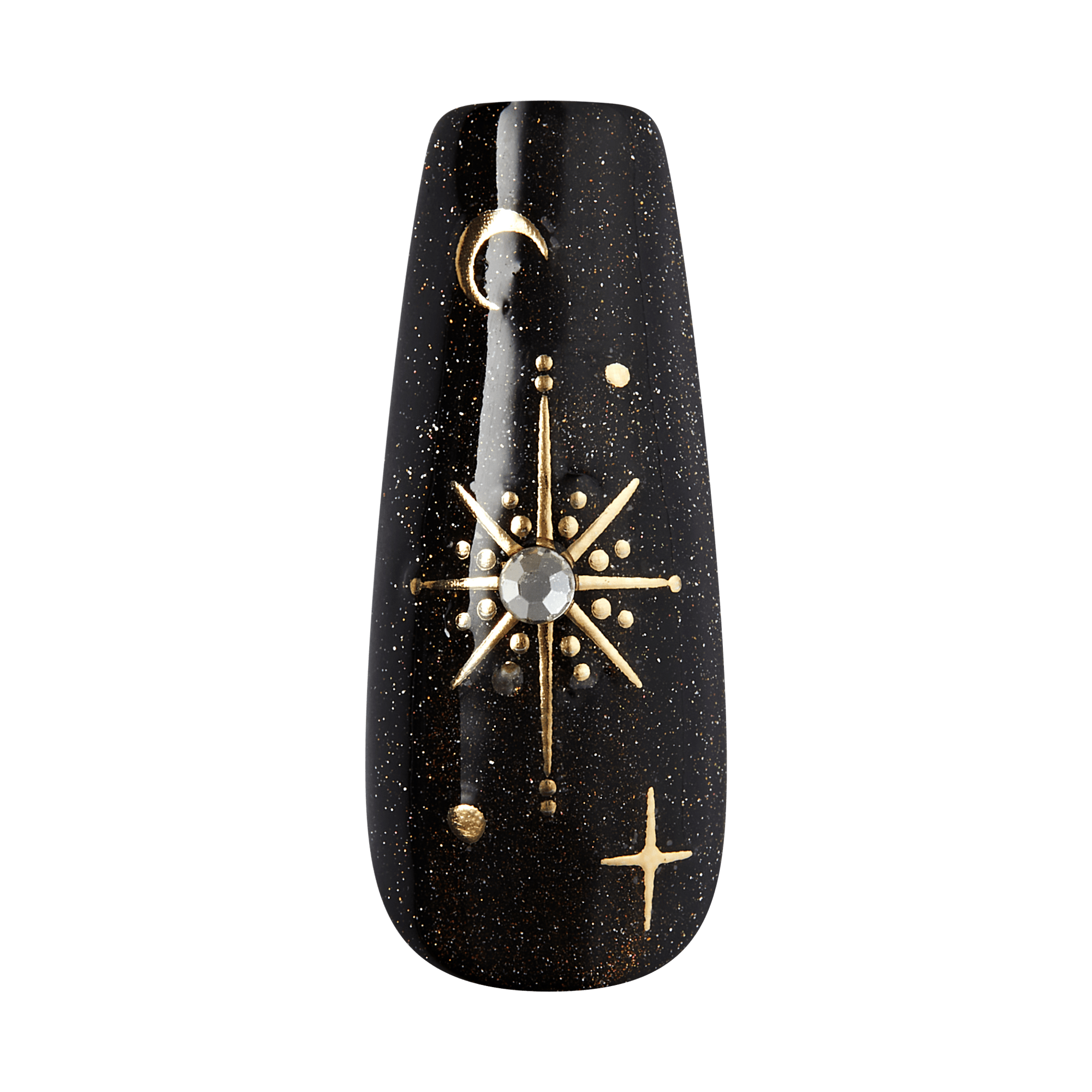 Black speckled pendant with gold celestial symbols including crescent moon and star.