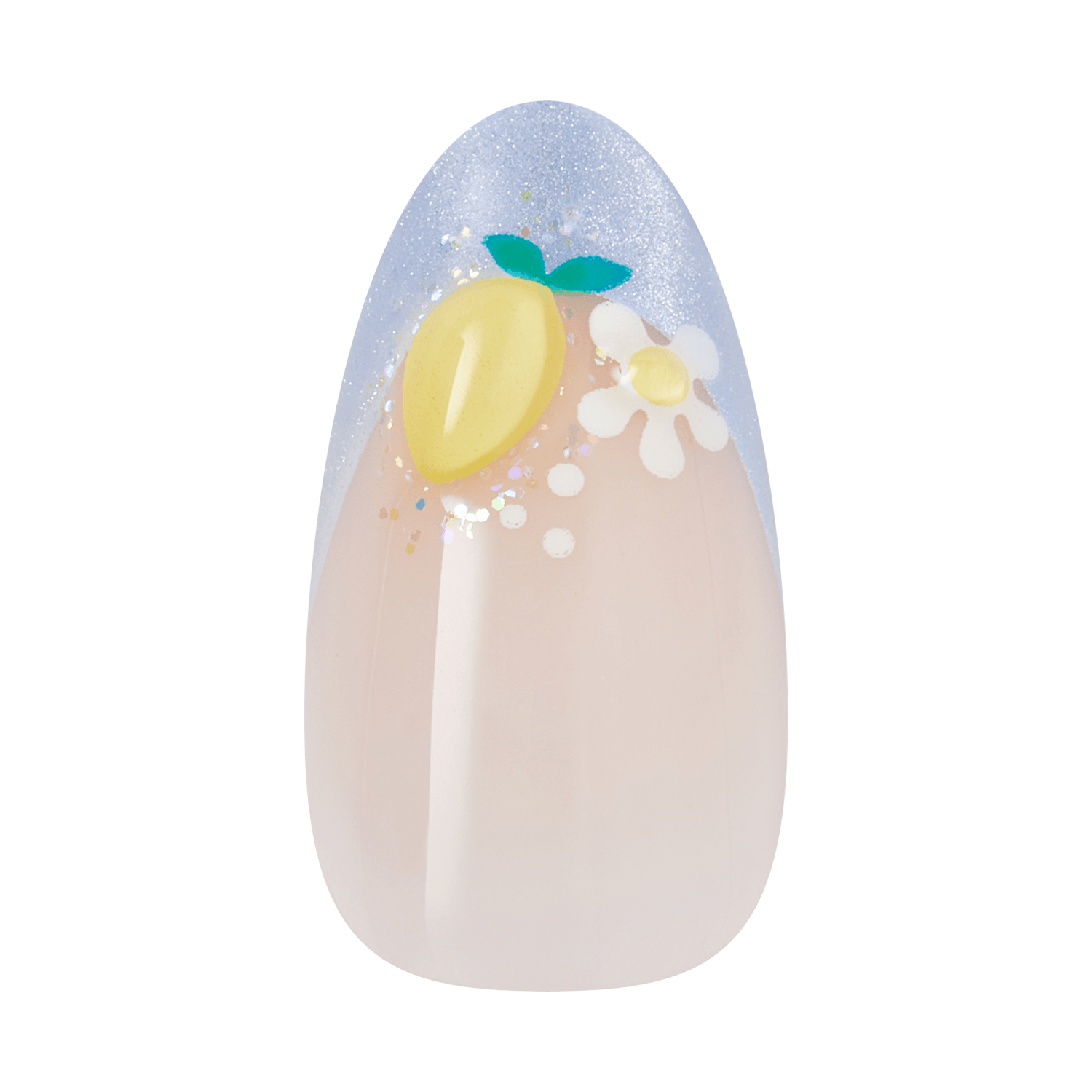 Decorative egg with lemon and daisy design, glittery top, peach base.