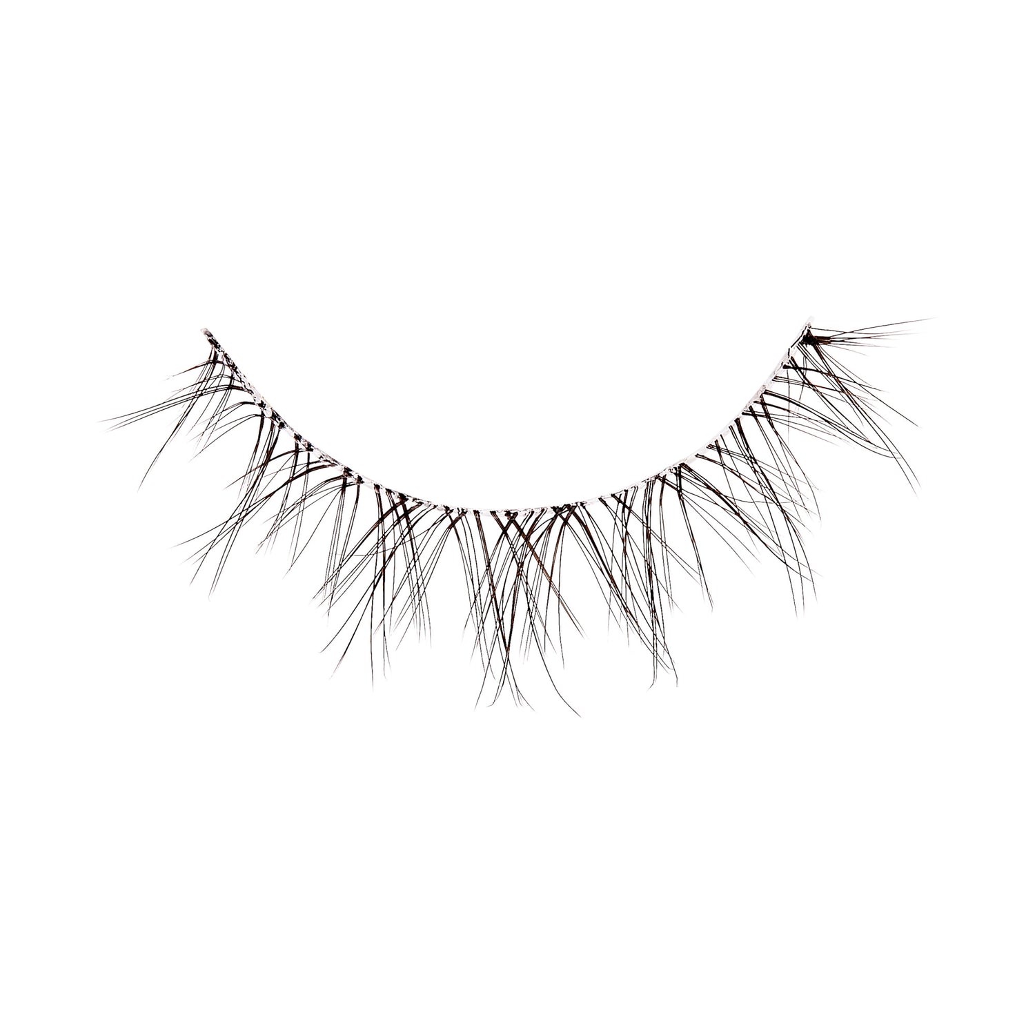 The image shows a single strip of false eyelashes. The lashes are black and have a wispy, natural look with varying lengths. The strip is curved to fit the natural shape of the eyelid. The lashes are spaced out unevenly, giving them a more voluminous and fluttery appearance.