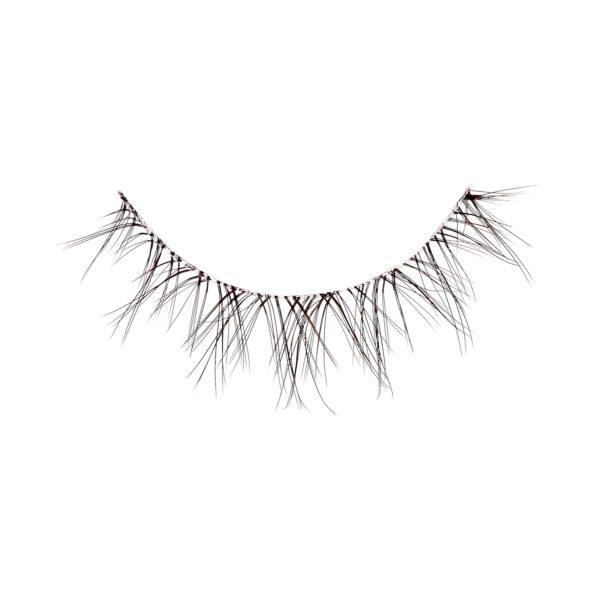 The image shows a single strip of false eyelashes. The lashes are black and have a wispy, natural look with varying lengths. The strip is curved to fit the natural shape of the eyelid. The lashes are spaced out unevenly, giving them a more voluminous and fluttery appearance.