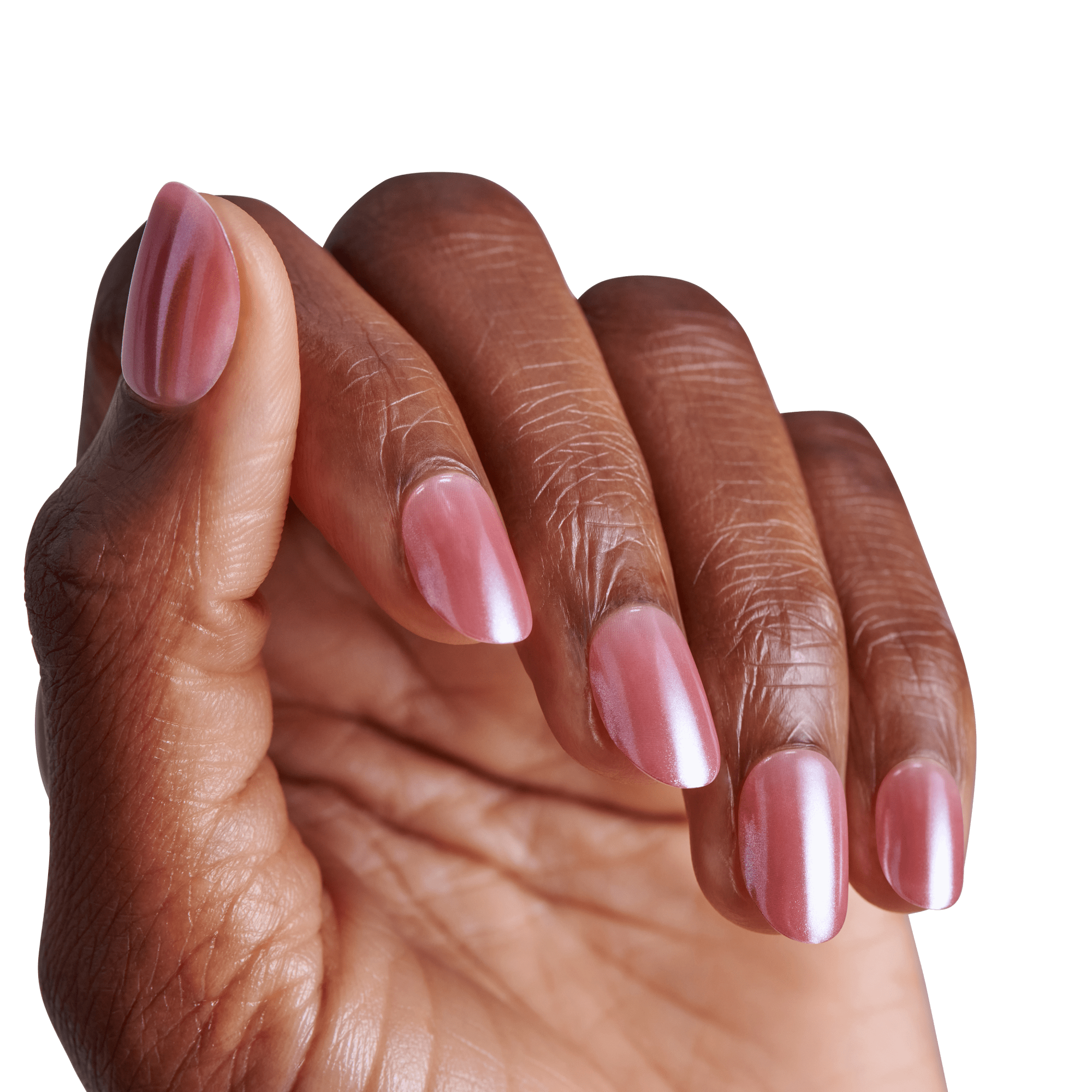 Manicured hand displaying pink metallic nail polish with almond-shaped nails.