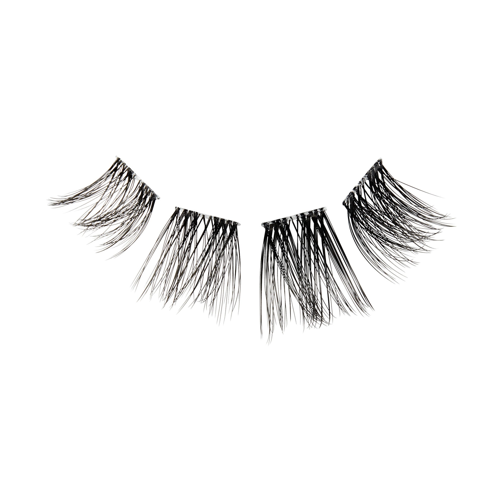 The image features three pairs of false eyelashes arranged in a row. Each pair has a varying length and style, showcasing a dramatic and feathery appearance. The lashes are black and are set against a plain white background, emphasizing their texture and design. The overall look is glamorous, suitable for enhancing eye makeup.