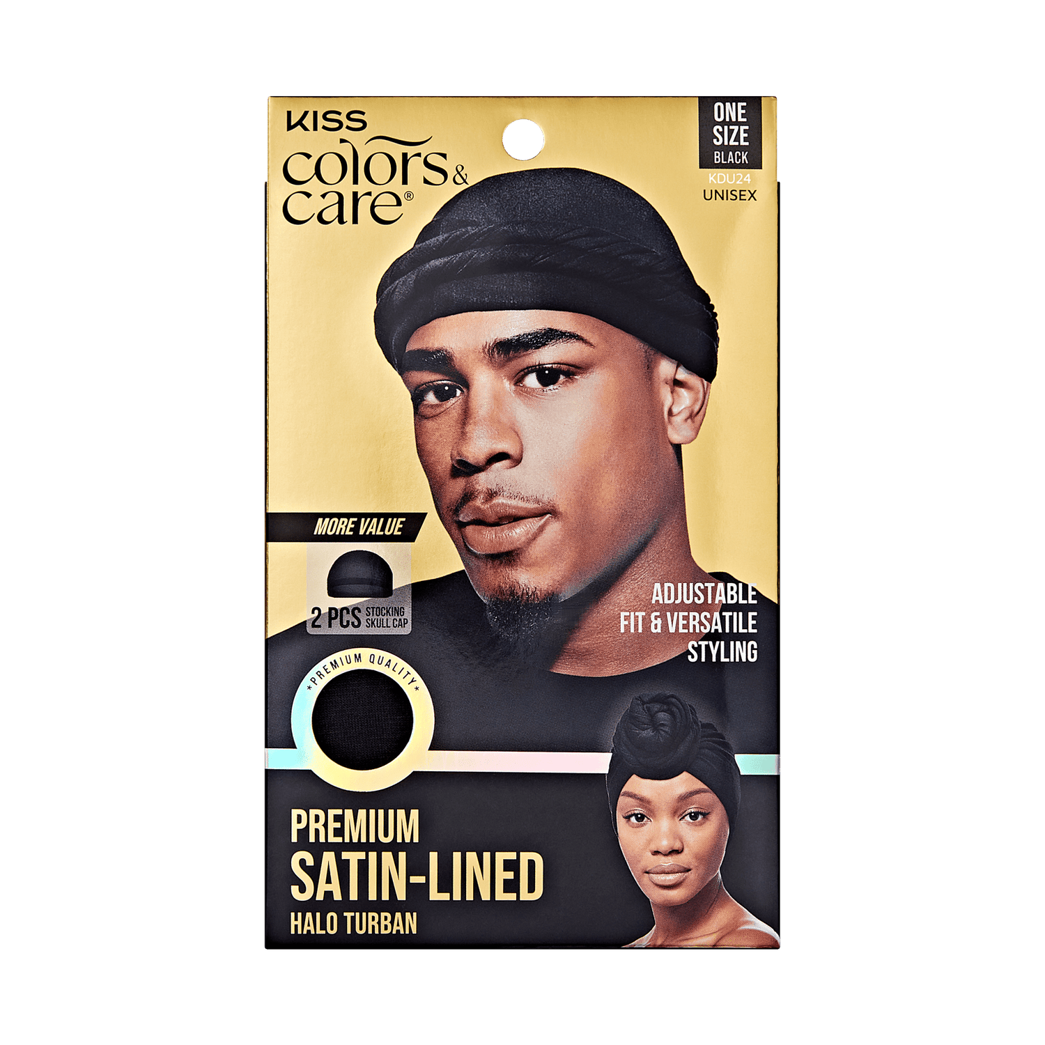 KISS Colors &amp; Care packaging with a man wearing a black satin-lined halo turban and a woman with a tied turban; includes 2 stocking skull caps, one size.