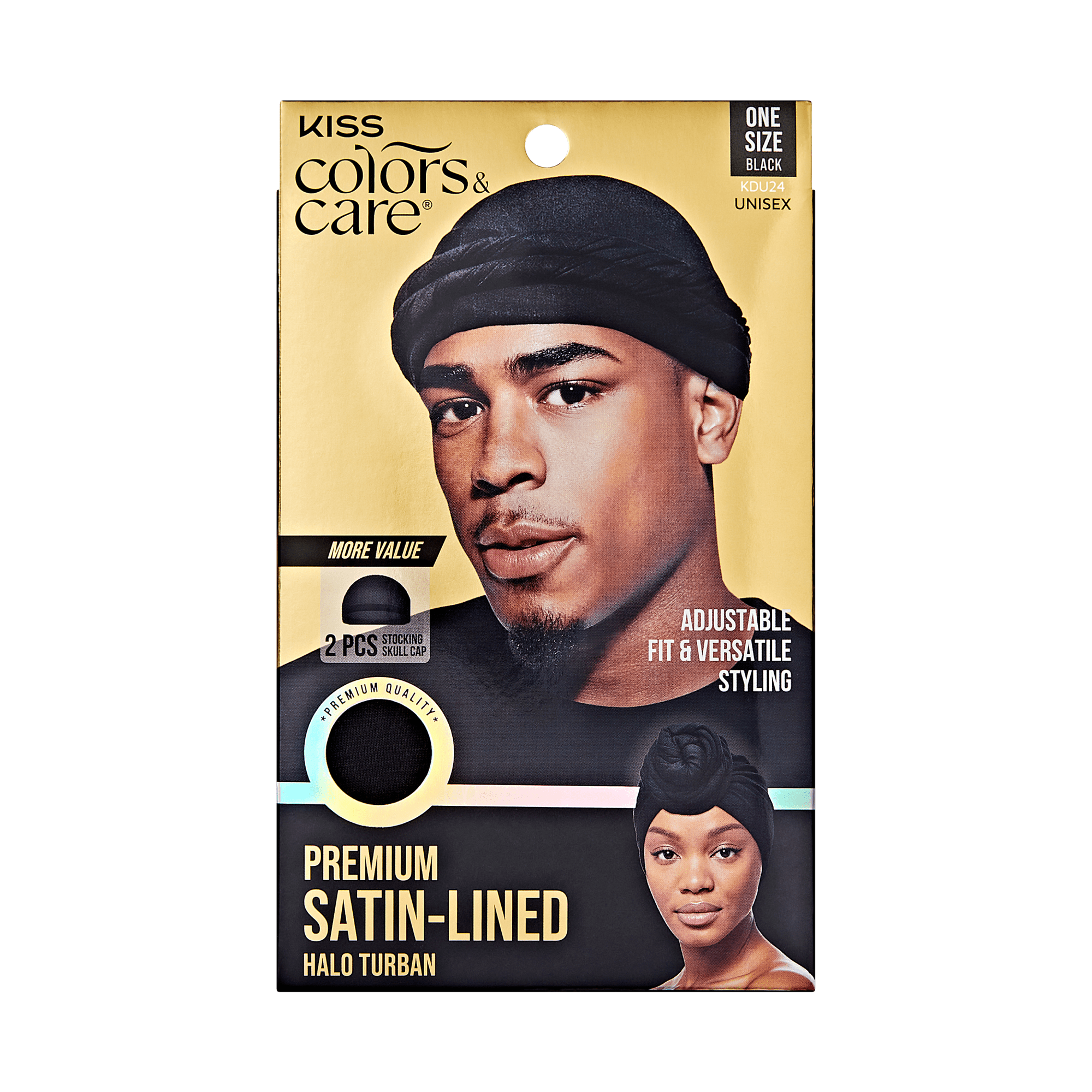KISS Colors &amp; Care packaging with a man wearing a black satin-lined halo turban and a woman with a tied turban; includes 2 stocking skull caps, one size.