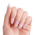 The image features a hand displaying elegantly manicured nails. The nails are long and shaped into a pointed style, showcasing a soft, translucent lavender color with a subtle gradient effect. Some nails are adorned with small, sparkling rhinestones, adding a touch of glamour. The overall look is delicate and stylish, set against a clean white background that emphasizes the beauty of the nails.