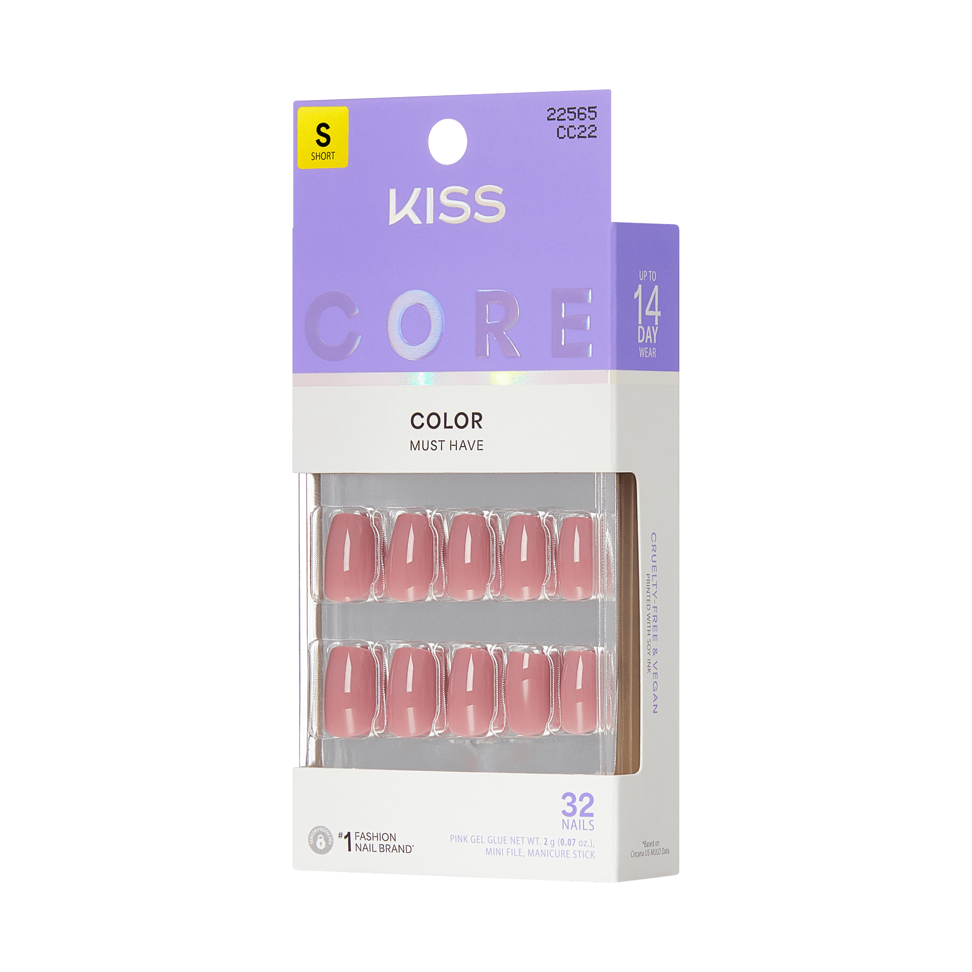 KISS Core Color Must Have pink gel nails, 32 nails, short size