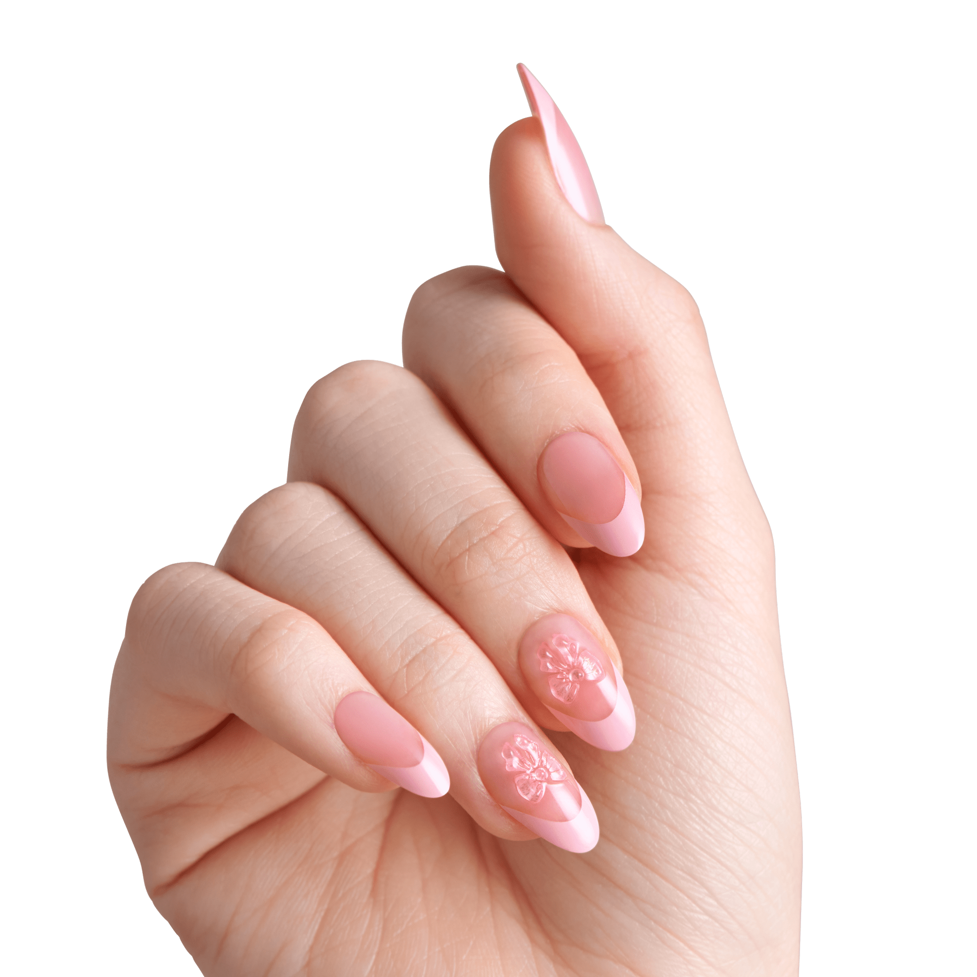 Almond-shaped pink nails with floral designs and gradient tips on manicured hand.
