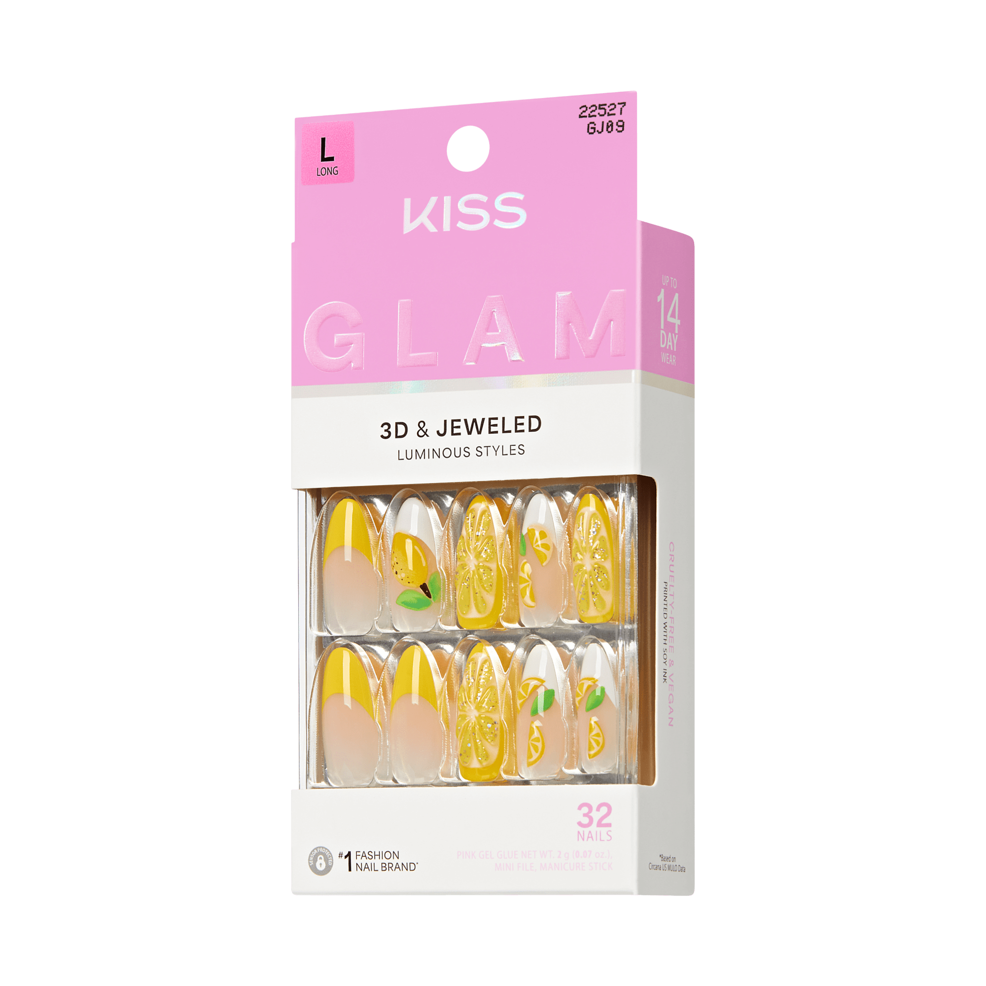 KISS Glam 3D &amp; Jeweled Luminous Nails, 32 Count, Long Size, Yellow Design