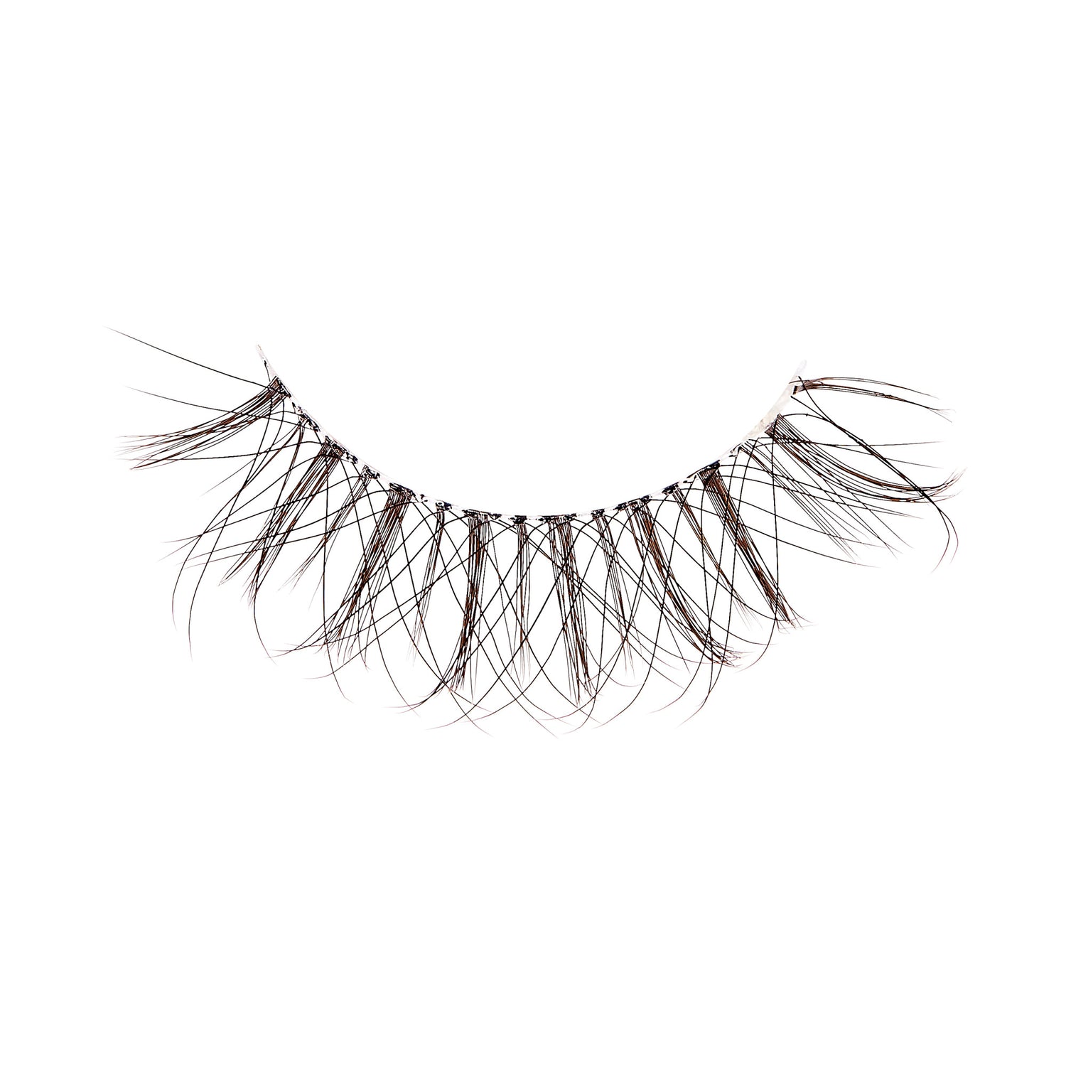 The image shows a single false eyelash. The eyelash is curved and features long, wispy strands that are designed to mimic natural eyelashes. The strands are black and vary in length, creating a voluminous and fluttery appearance. The base of the eyelash is a thin, flexible strip that allows for easy application to the eyelid. The overall design is intended to enhance the fullness and length of the wearer&