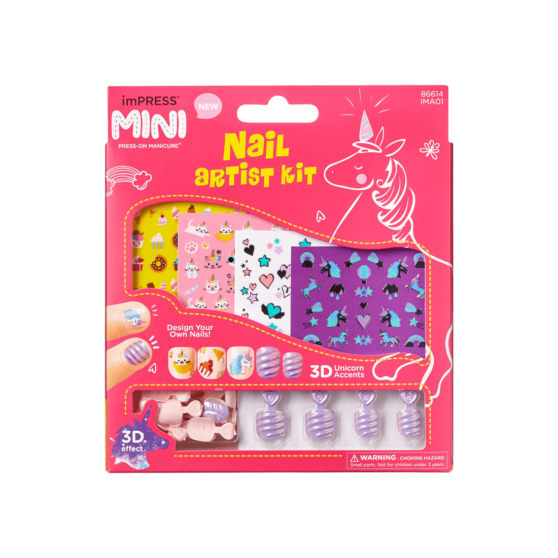 Bright pink packaging for imPRESS MINI Nail Artist Kit with 3D press-on manicure nails and unicorn-themed nail art accents shown through windows.