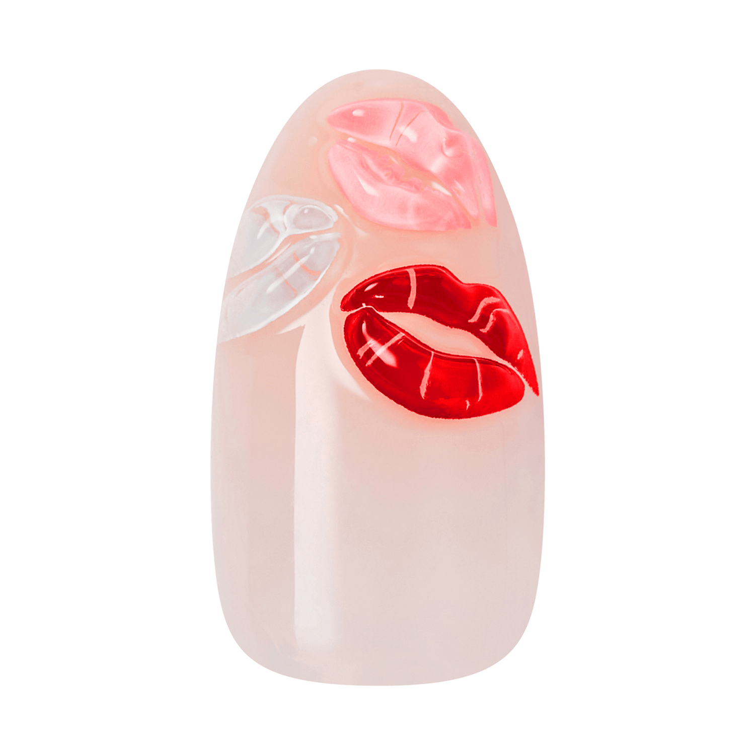 Nail art design featuring red lips and pink floral patterns on cream base.