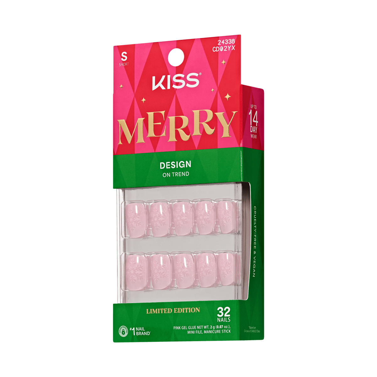 Kiss Merry Holiday Press On Fake Glue Nails - Merry Tips | Design, Pink, Short, Squoval