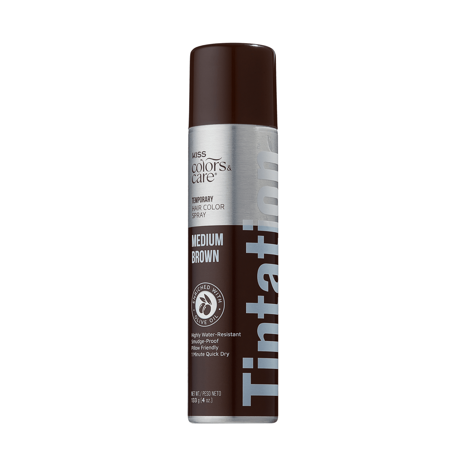 The image features a can of temporary hair color spray from the brand "Miss Colors &amp; Care." The can is labeled "Tintation" and is designed for medium brown hair color. It has a sleek, cylindrical shape with a dark brown cap. The packaging includes a silver label that highlights its features, such as being highly water-resistant and quick-drying. The overall design is modern and appealing, aimed at consumers looking for a temporary hair color solution.