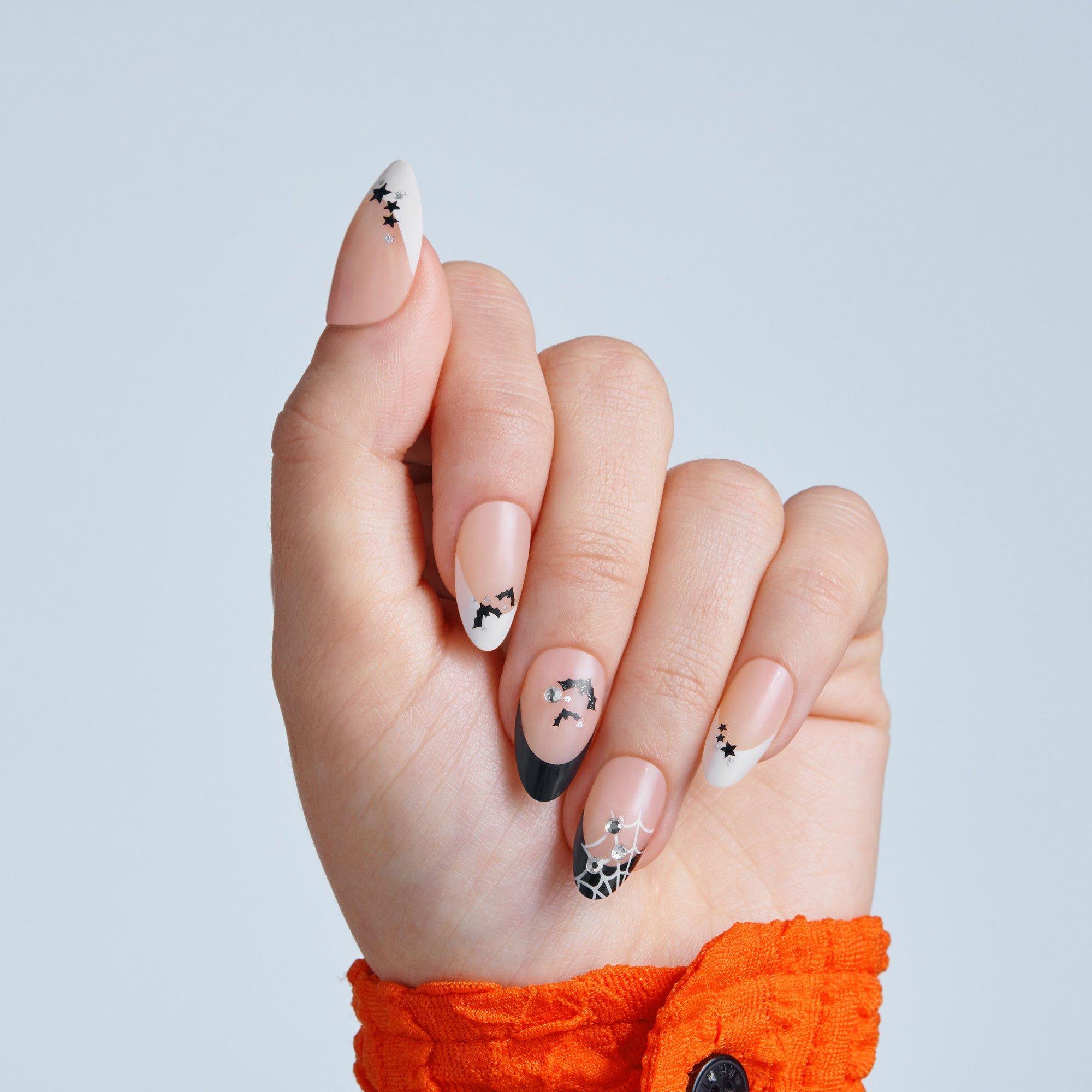 Kiss Haunt Halloween Press On Fake Glue Nails - HalloQueen | French Design, Black &amp; White, Medium, Almond, Glow In The Dark