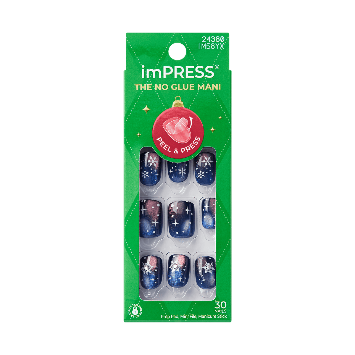 Impress Design Holiday No Glue Fake Press On Nails - Mistletoe Magic | Design, Blue, Short, Squoval, Manicure