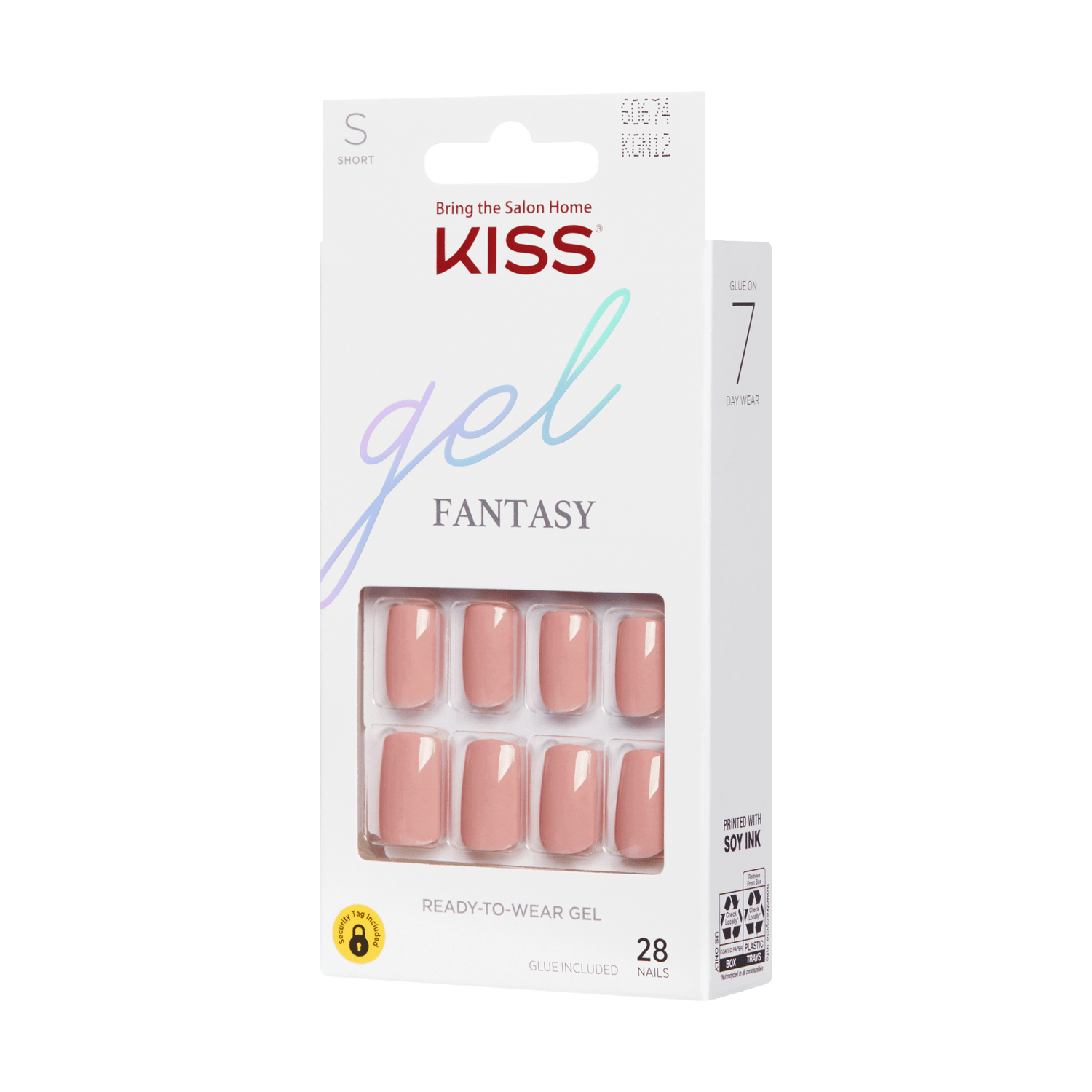 KISS Gel Fantasy Press On Glue Nails in short size, featuring 28 glossy nude pink nails in a white box with branding and 7-day wear claim.
