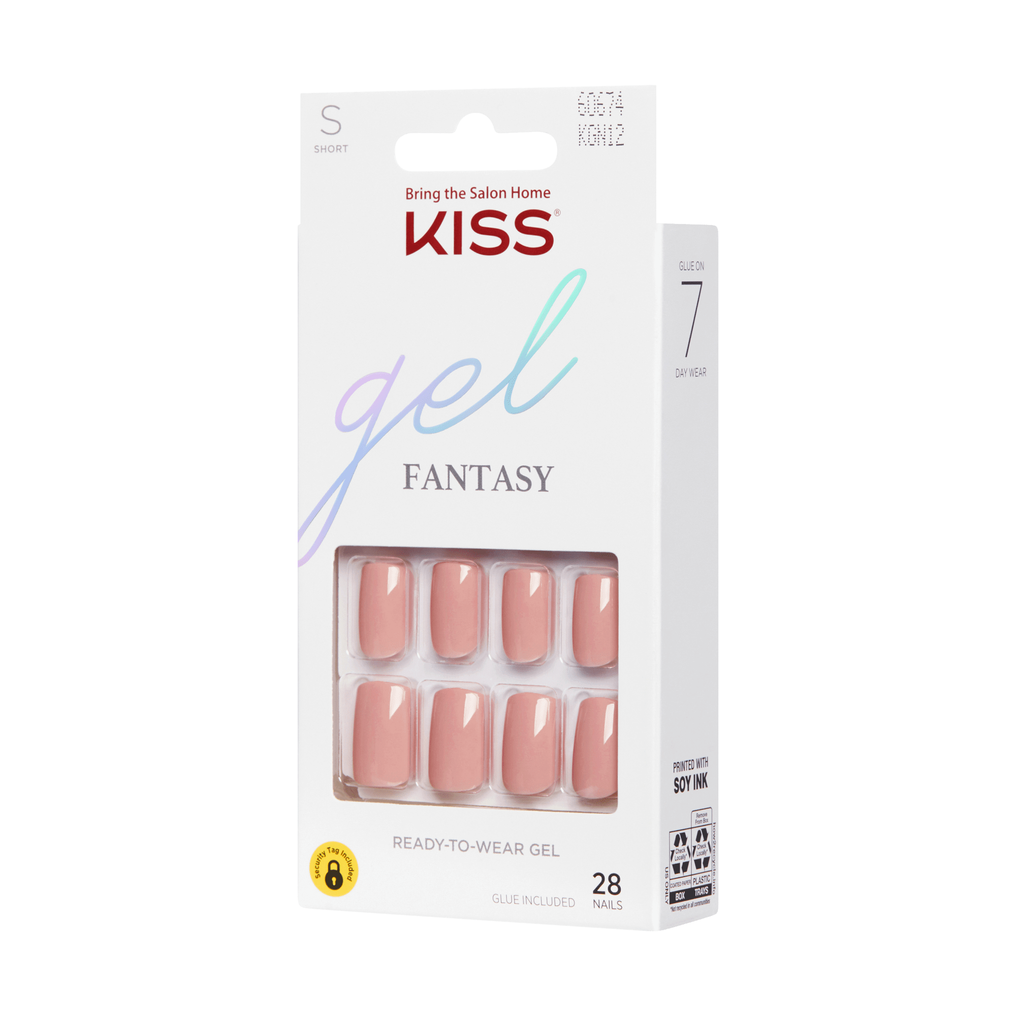 KISS Gel Fantasy Press On Glue Nails in short size, featuring 28 glossy nude pink nails in a white box with branding and 7-day wear claim.