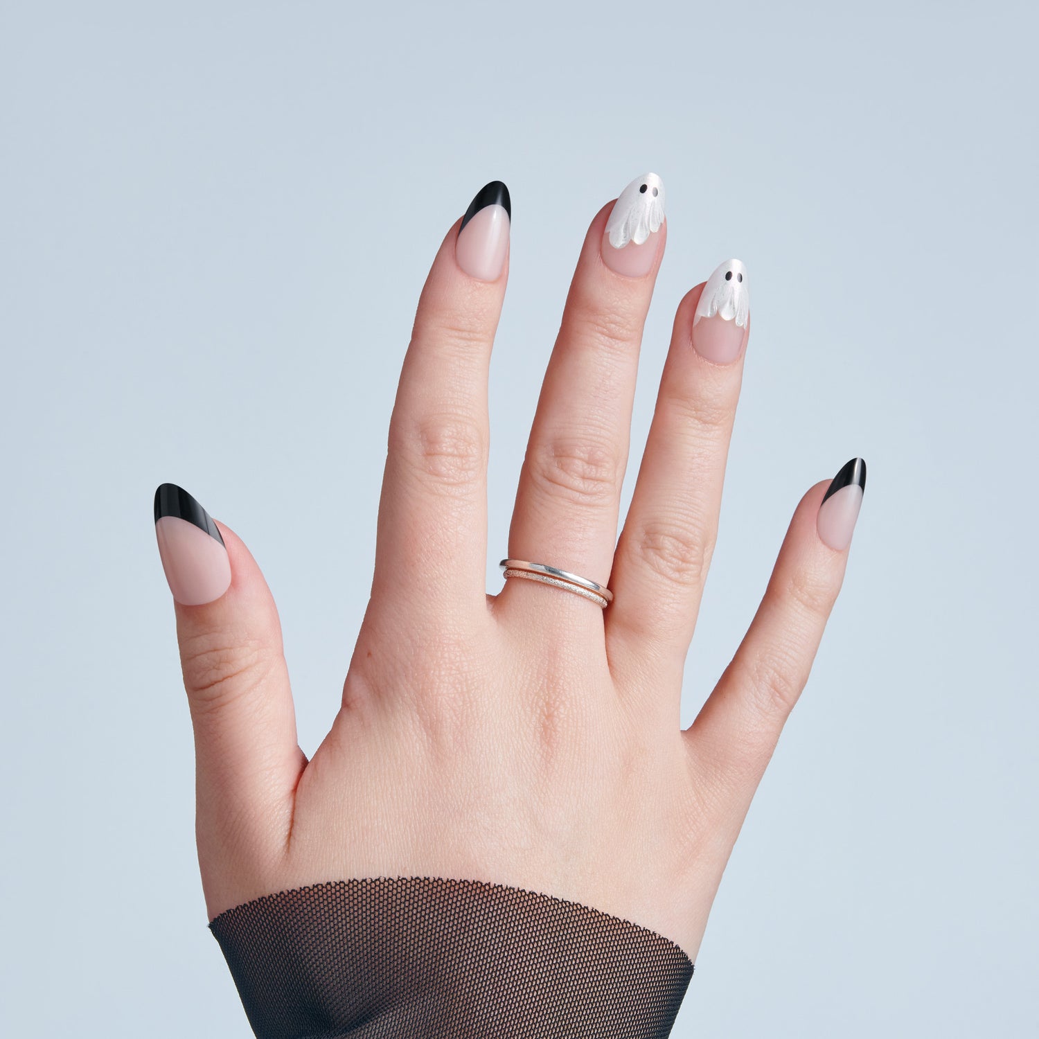 Kiss Haunt Halloween Press On Fake Glue Nails - Midnight Makeover | French Design, Black &amp; White, Medium, Almond, Glow In The Dark