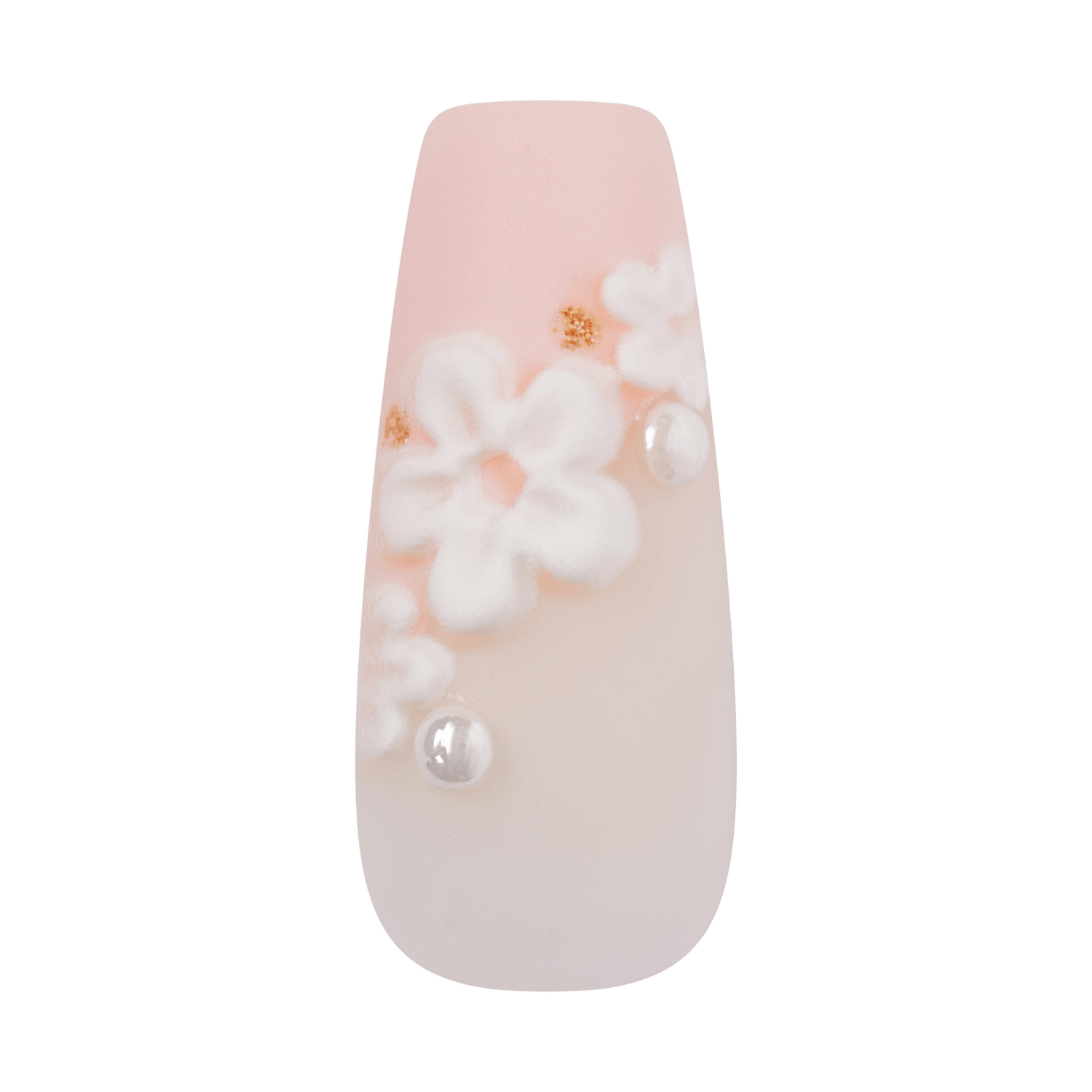 Coffin-shaped nail with pale pink base, white flowers, gold accents, and pearl embellishments.