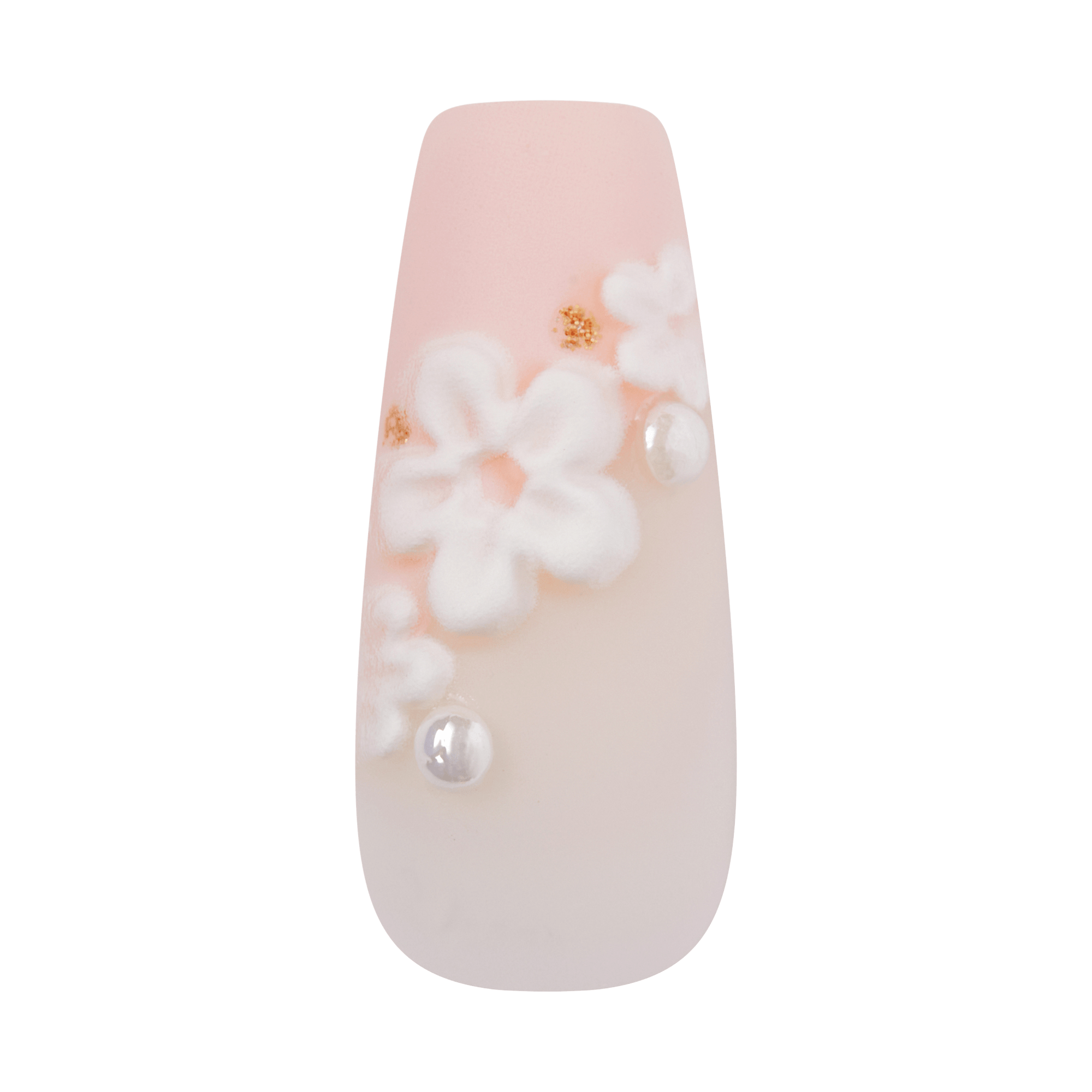 Coffin-shaped nail with pale pink base, white flowers, gold accents, and pearl embellishments.