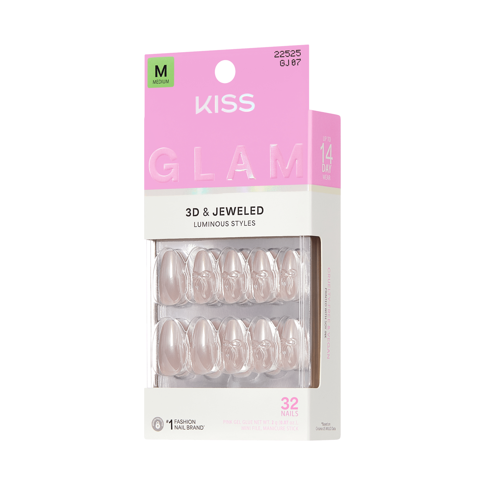 Kiss Glam 3D &amp; Jeweled press-on nails, medium size, 32 nails, luminous styles.