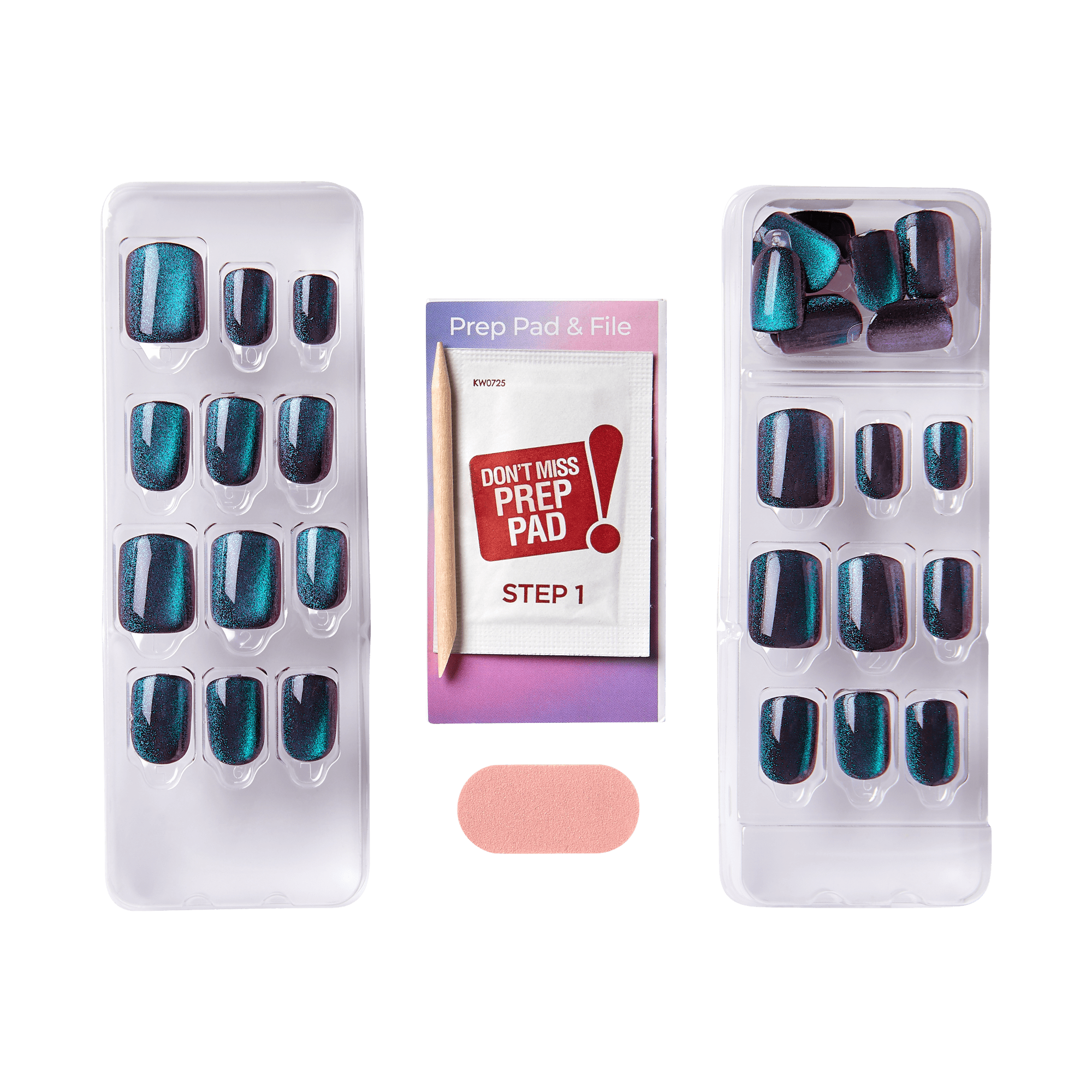 The image shows a set of artificial nails and nail preparation tools. There are two plastic trays, each containing a set of artificial nails in various sizes. The nails have a shiny, metallic blue-green finish. Between the trays, there is a small packet labeled "Prep Pad &amp; File" with the instruction "Step 1" and a warning "Don&