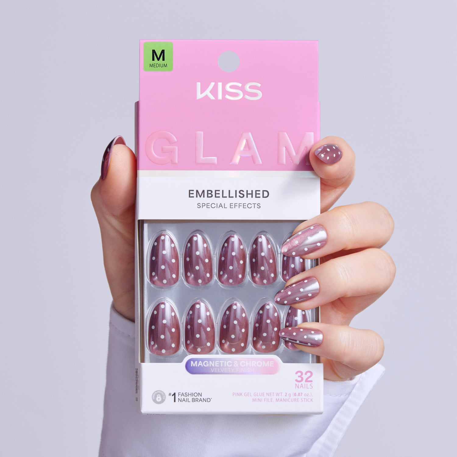 Kiss Glam Embellished Press On Fake Glue Nails - Velvet Noir | 3D &amp; Jewel Design, Pink, Medium, Almond