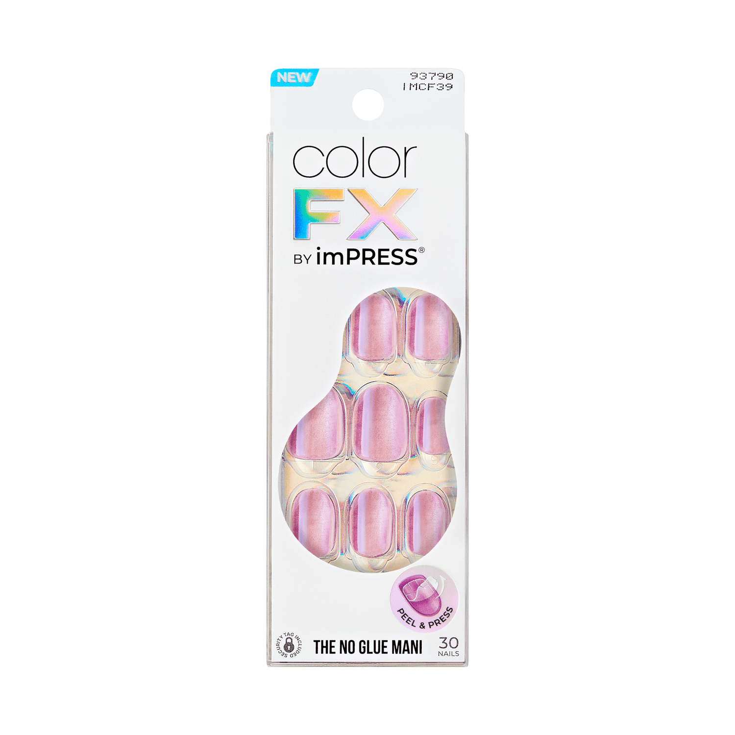 The image features a packaging for a product called "color FX" by imPRESS. The package is designed to hold press-on nails and showcases a set of 30 nails. The nails have a glossy finish with a gradient of pink and iridescent hues. The packaging is sleek and modern, with a clear front that allows visibility of the nails inside. The label highlights that it is a "no glue mani," emphasizing ease of use. The overall design is eye-catching and appealing for those interested in nail art.