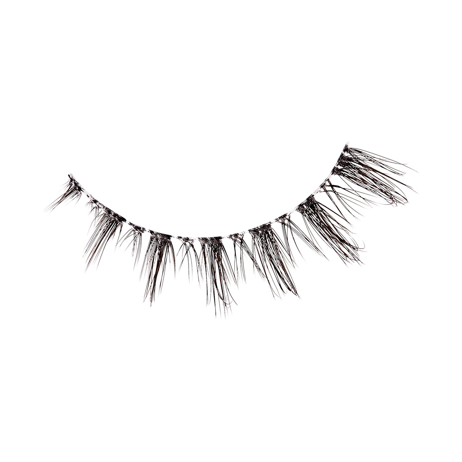 The image shows a single strip of false eyelashes. The eyelashes are arranged in a semi-circular shape, with individual lashes of varying lengths attached to a thin, flexible band. The lashes are dense and appear to be made of synthetic fibers, designed to enhance the volume and length of natural eyelashes when applied. The overall appearance is dramatic, suitable for creating a bold eye makeup look. The background is plain white, highlighting the details of the eyelashes.