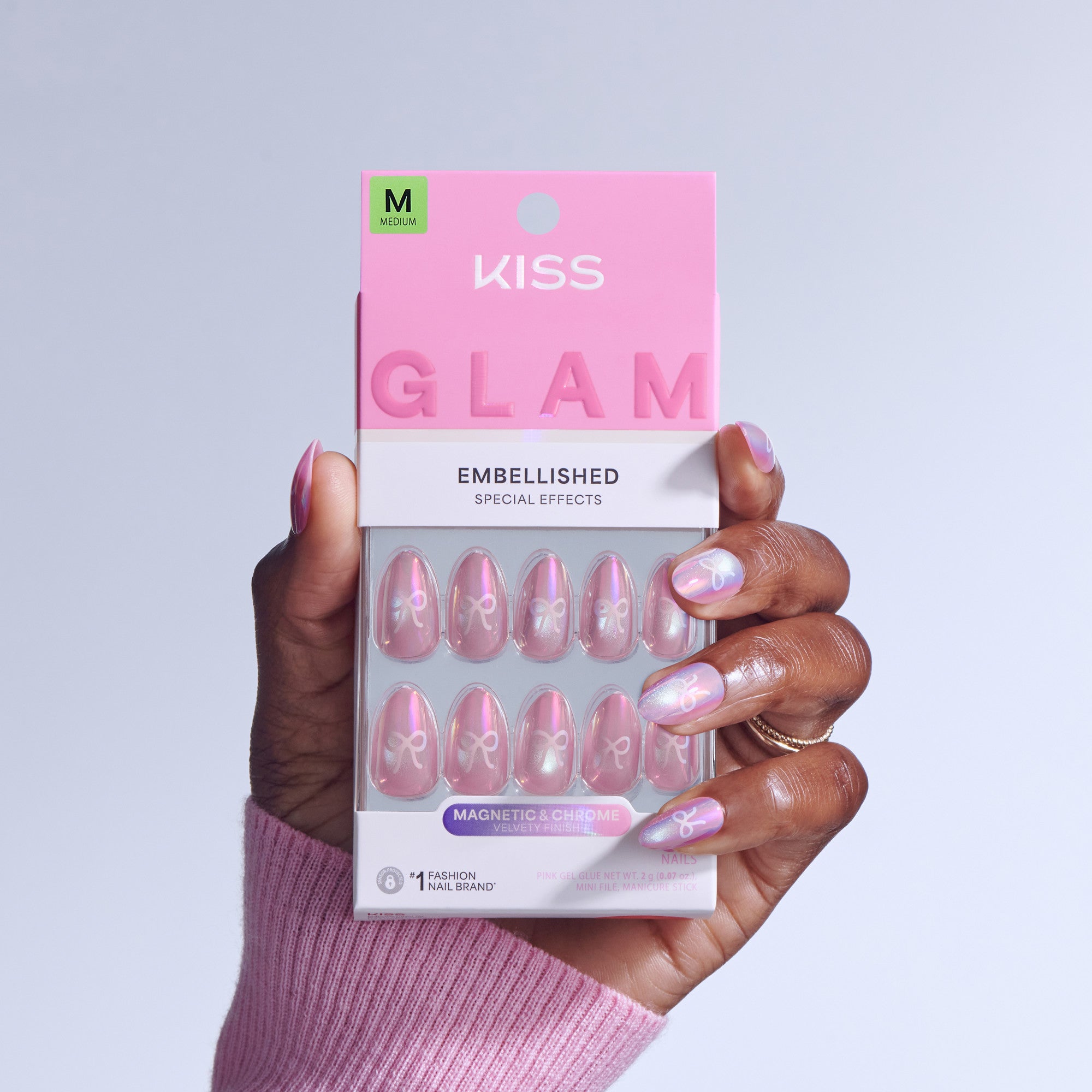 KISS Glam Embellished press-on nails in pink with bow design, size Medium