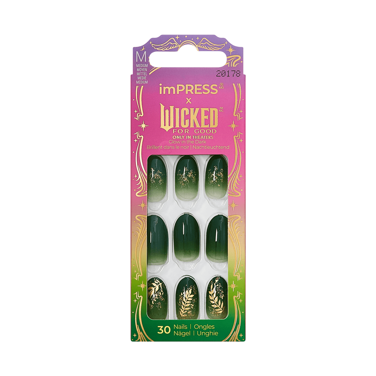 Pack of 30 medium-sized press-on nails in green ombre with gold botanical designs, packaged in a purple-to-green box labeled \