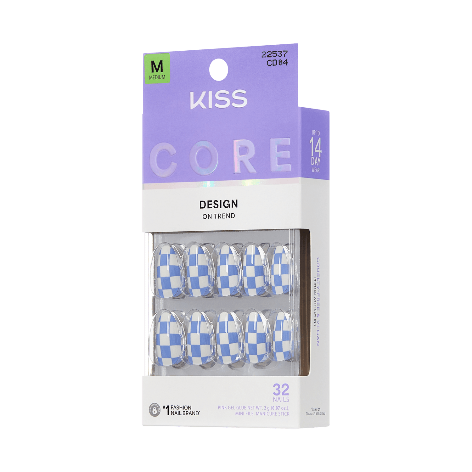 KISS Core 32 Medium Nails, Blue and White Checkered Design, 14-Day Wear