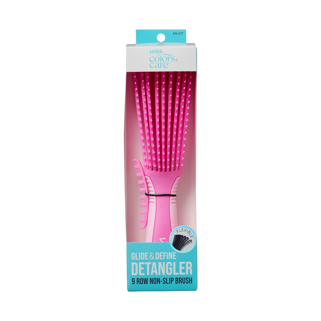 Pink KISS Colors &amp; Care Glide &amp; Define detangling brush with nine flexible rows and non-slip grip, shown in retail packaging with blue and white accents.