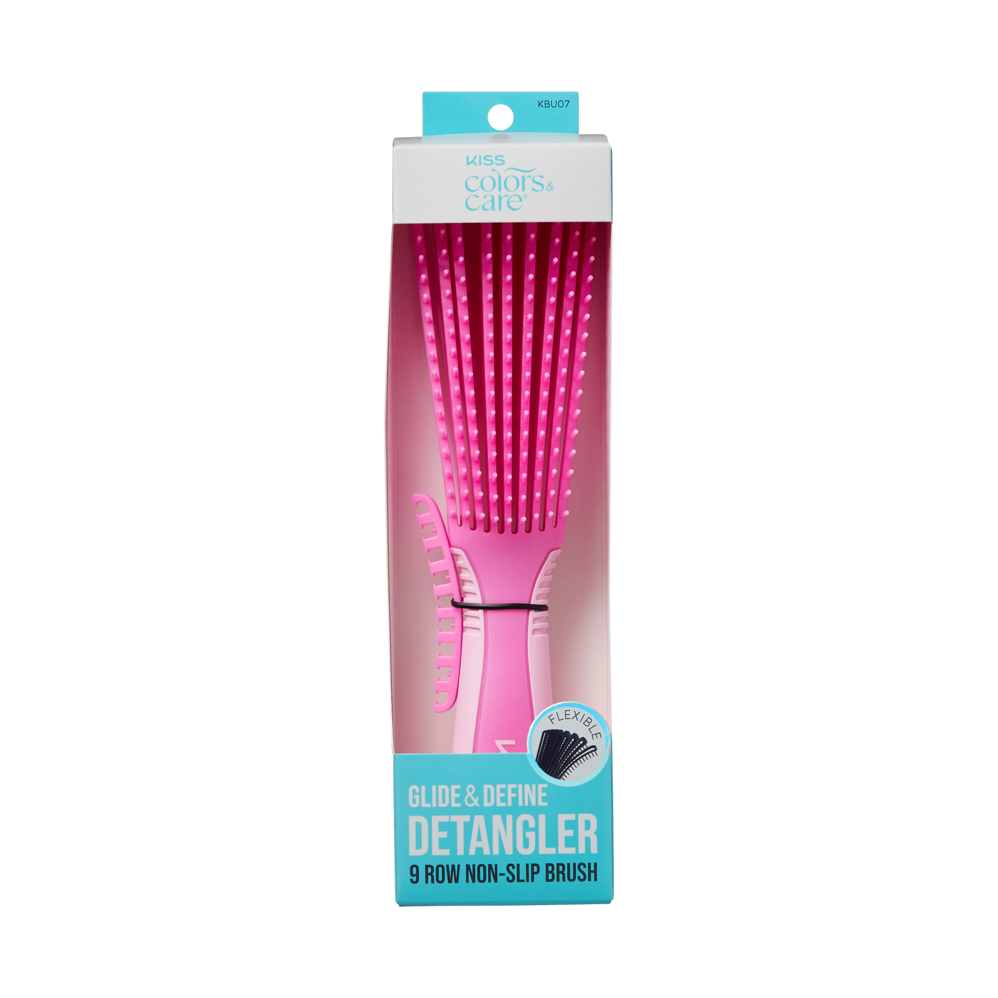 Pink KISS Colors &amp; Care Glide &amp; Define detangling brush with nine flexible rows and non-slip grip, shown in retail packaging with blue and white accents.