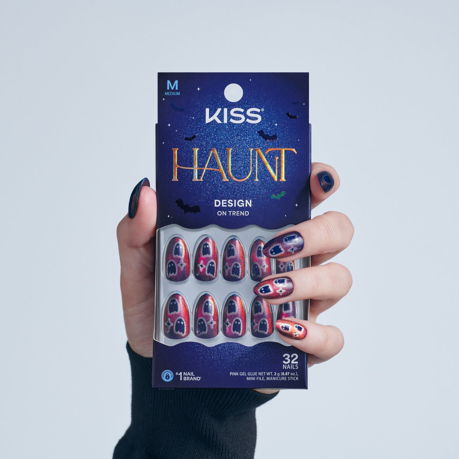 Kiss Haunt Halloween Press On Fake Glue Nails - Haunted Glow | Design, Red, Medium, Almond