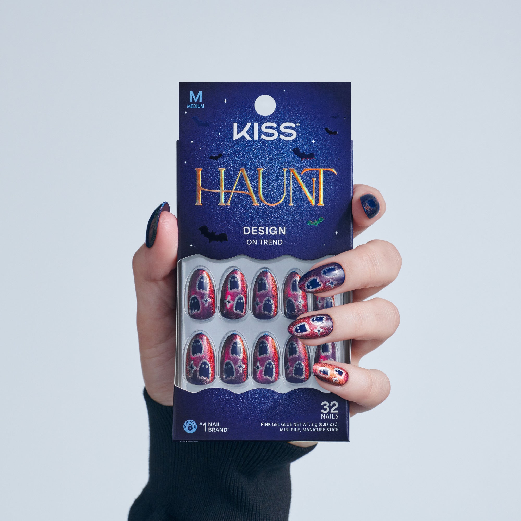 Kiss Haunt Halloween Press On Fake Glue Nails - Haunted Glow | Design, Red, Medium, Almond