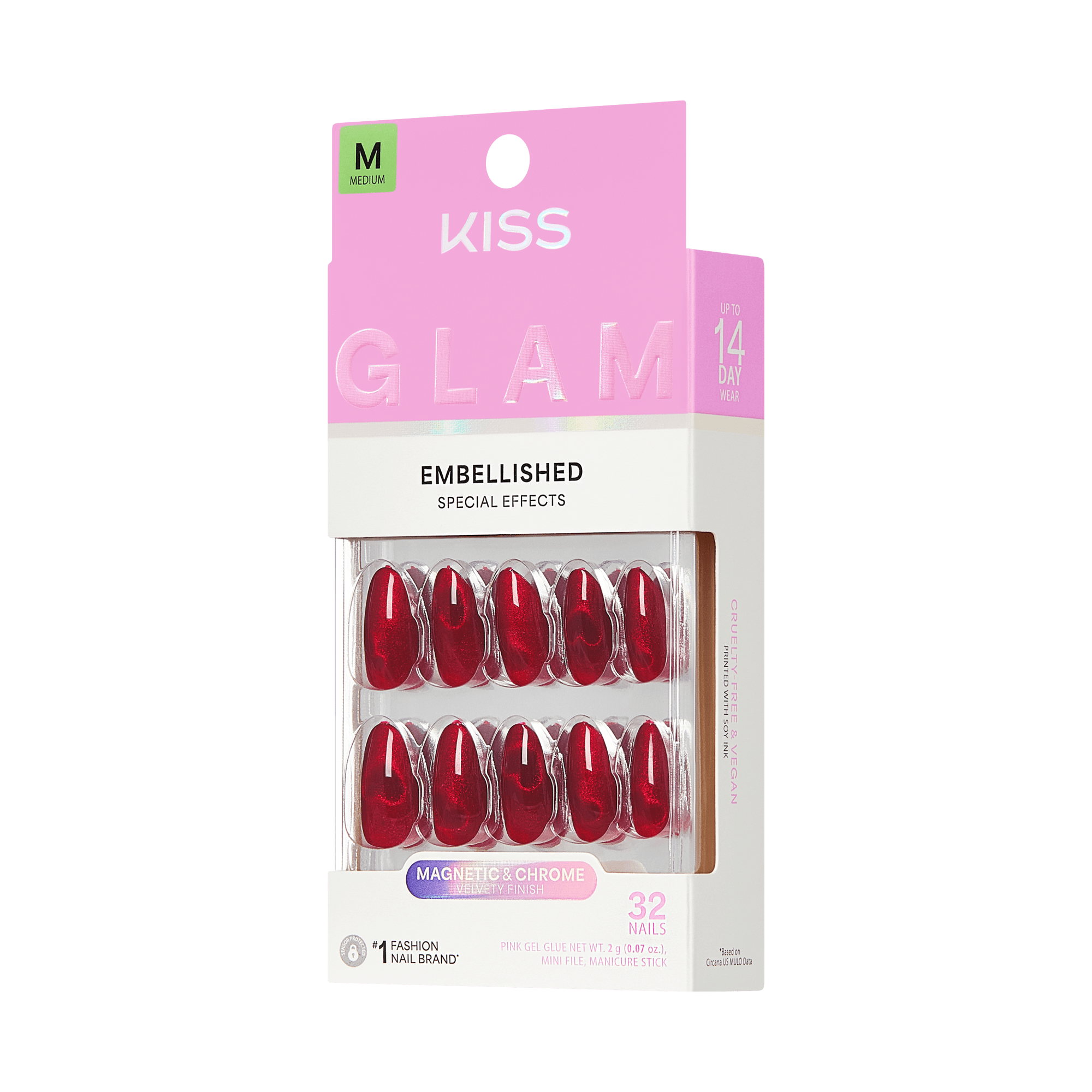 Kiss Glam Embellished Press On Fake Glue Nails - Famous | 3D &amp; Jewel Design, Red, Medium, Almond