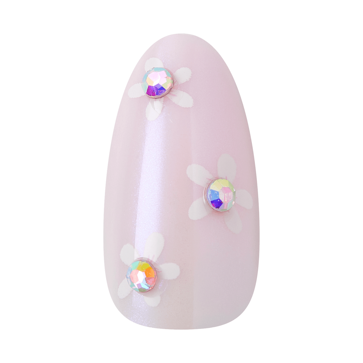Pink almond nail with iridescent rhinestones and white flower petals.