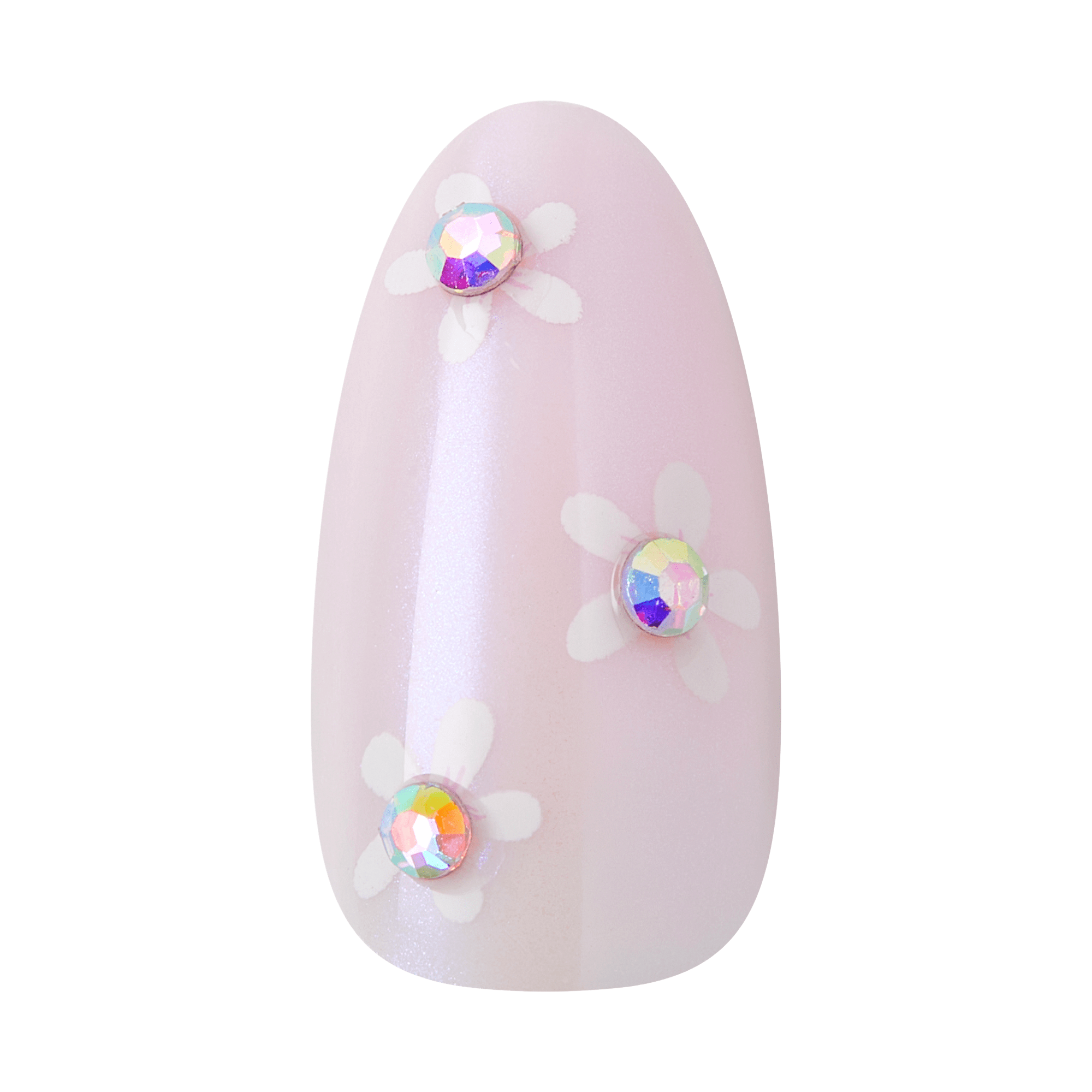 Pink almond nail with iridescent rhinestones and white flower petals.