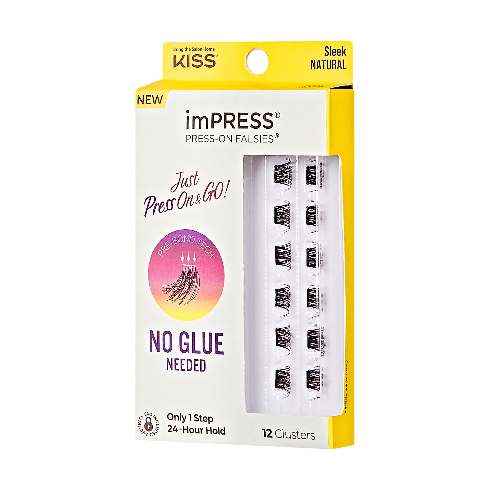 The image shows a product package for "imPRESS Press-On Falsies" by KISS. The packaging is primarily yellow and white, with a clear plastic window displaying 12 clusters of false eyelashes inside. The product is advertised as "Sleek Natural" and "NEW." Key features highlighted on the packaging include "Just Press On &amp; GO!" and "NO GLUE NEEDED," indicating that the lashes can be applied without adhesive. The package also mentions "Pre-Bond Technology" and promises "Only 1 Step" and "24-Hour Hold.