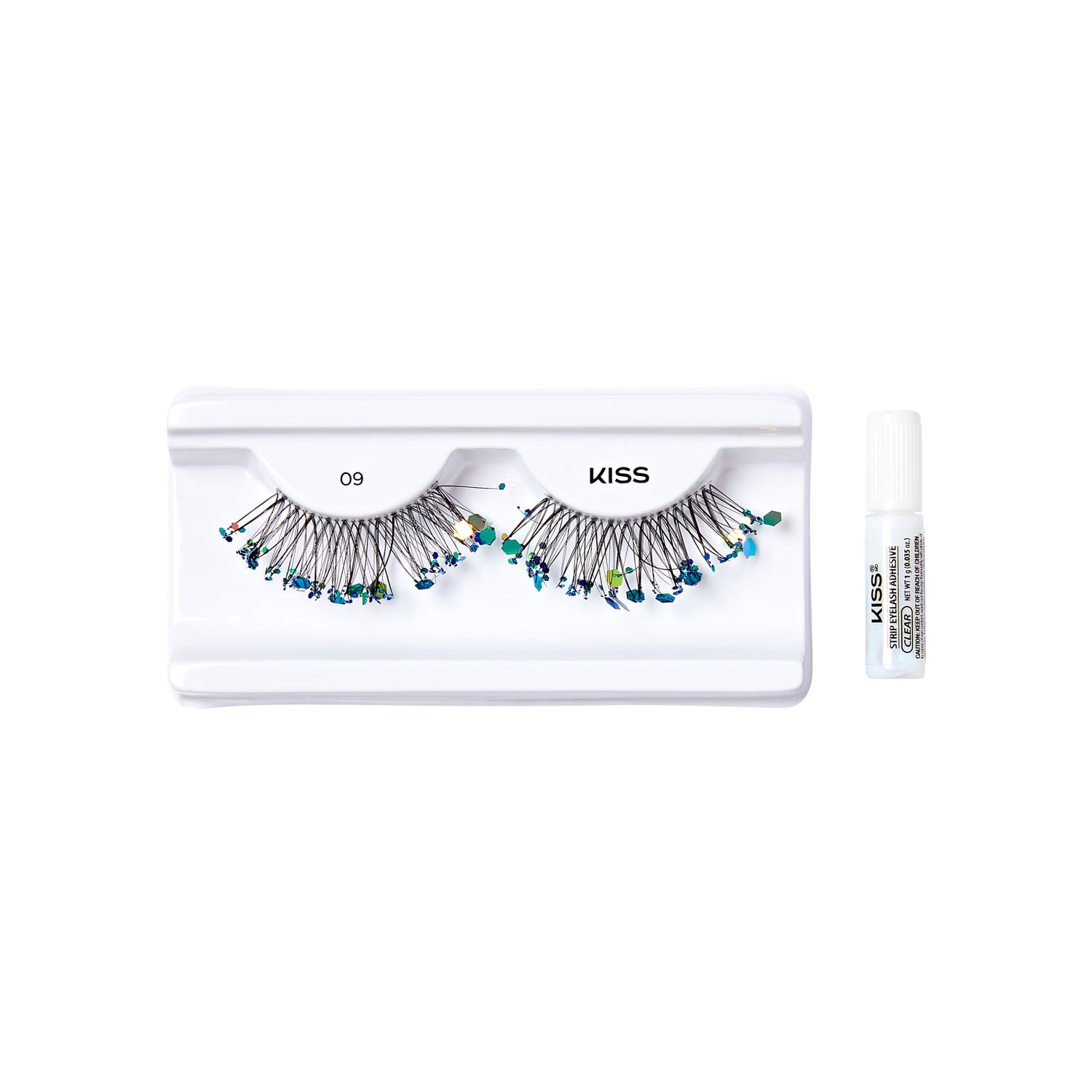 The image shows a set of false eyelashes from the brand "KISS." The eyelashes are displayed on a white plastic tray with the number "09" printed on it. The lashes are adorned with small, colorful beads or gems, adding a decorative touch. To the right of the tray, there is a small white tube of adhesive, also branded with "KISS," which is used to apply the false eyelashes. The overall presentation is clean and organized, highlighting the product&