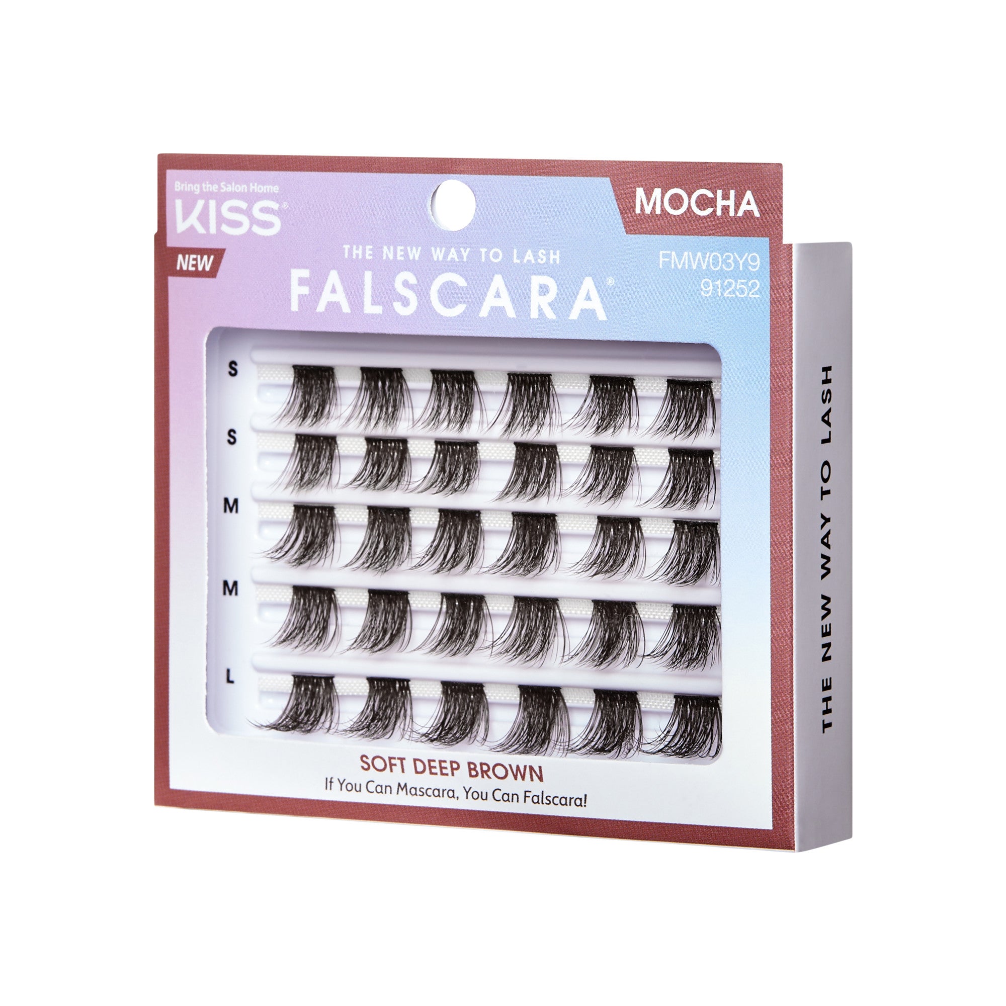 KISS FALSCARA Wisps Multipack in mocha shade with five rows of soft deep brown false lash clusters in varying sizes, packaging states \