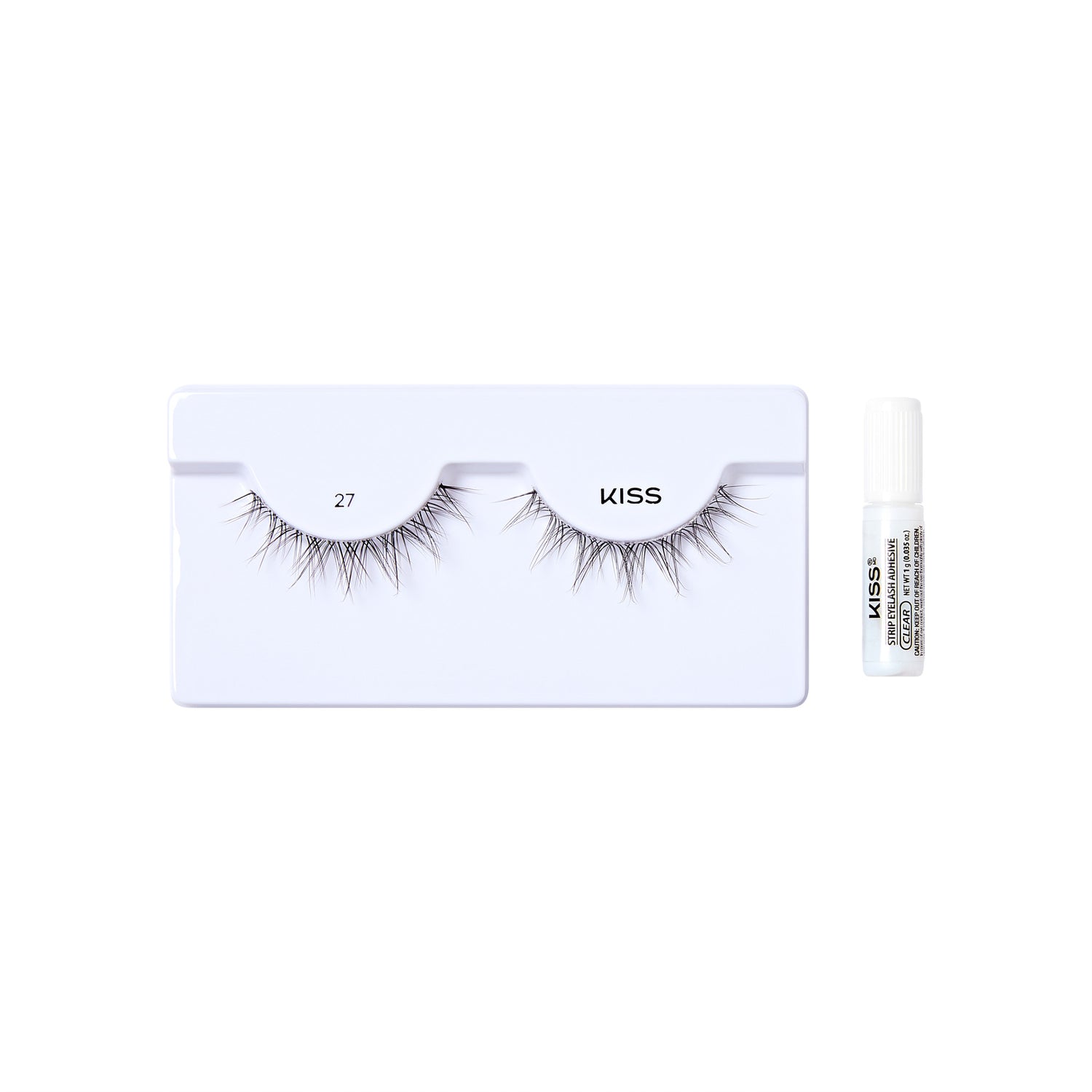 The image shows a set of false eyelashes from the brand "KISS." The eyelashes are displayed on a white tray, with the number "27" printed on the left side of the tray. To the right of the tray, there is a small tube of adhesive glue, also branded with "KISS." The overall presentation is clean and minimalistic, highlighting the eyelashes and the adhesive.