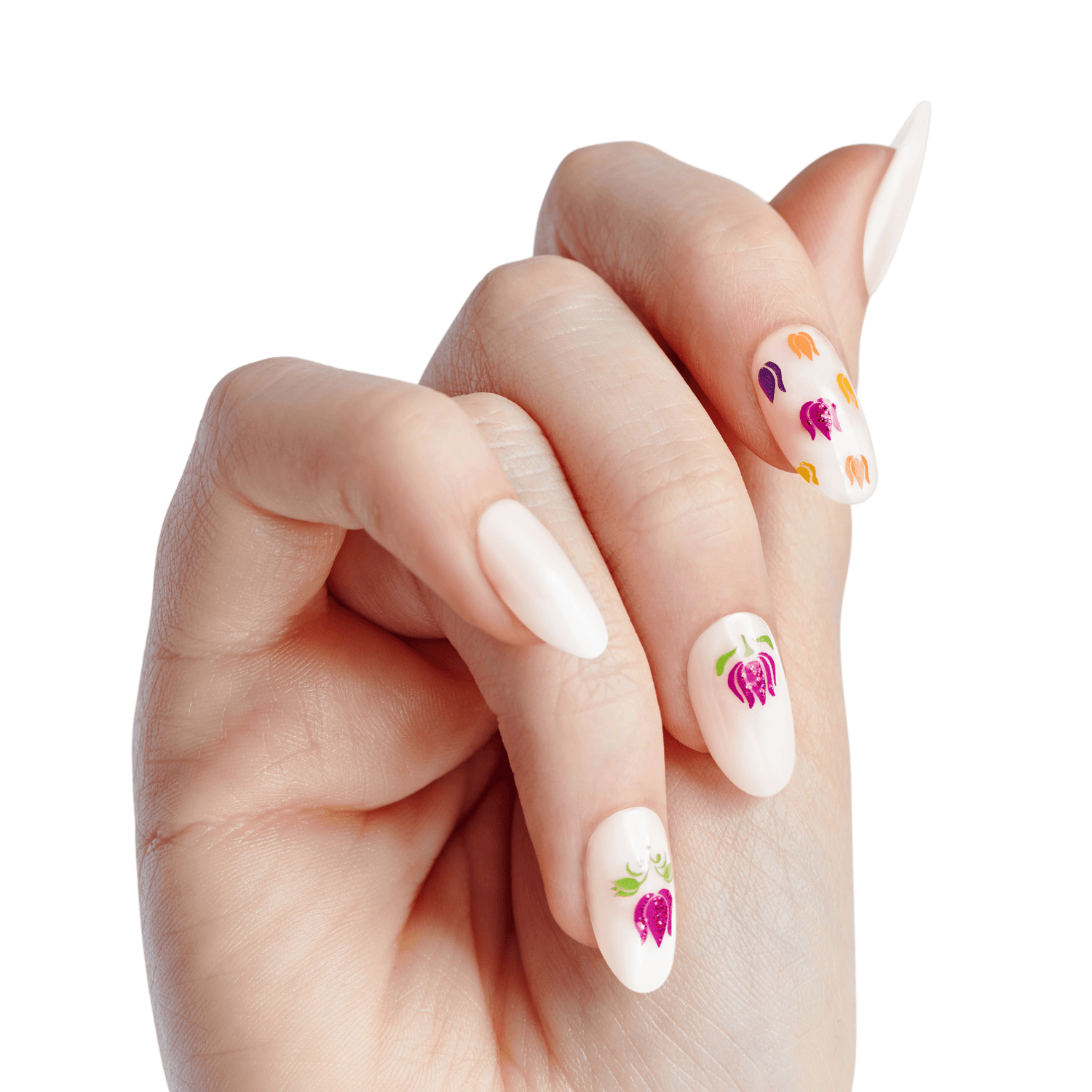 The image features a hand with elegantly manicured nails. The nails are painted in a soft white color, showcasing a glossy finish. Some of the nails are adorned with colorful floral designs, including small illustrations of peppers in shades of purple, pink, and orange. The overall look is stylish and playful, highlighting a creative nail art design. The hand is positioned gracefully, emphasizing the nail art.