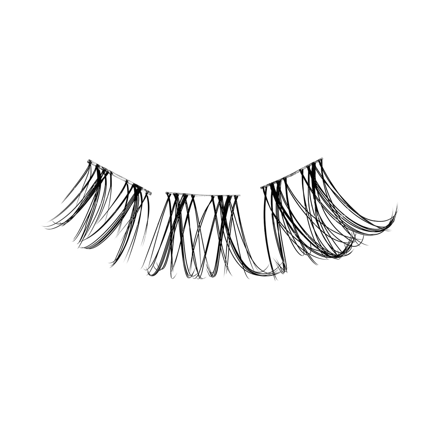 The image features a pair of false eyelashes. They are long and wispy, with a delicate, feathery appearance. The lashes are arranged in a way that creates a natural look, with varying lengths that add volume and dimension. The background is plain white, emphasizing the intricate details of the lashes.