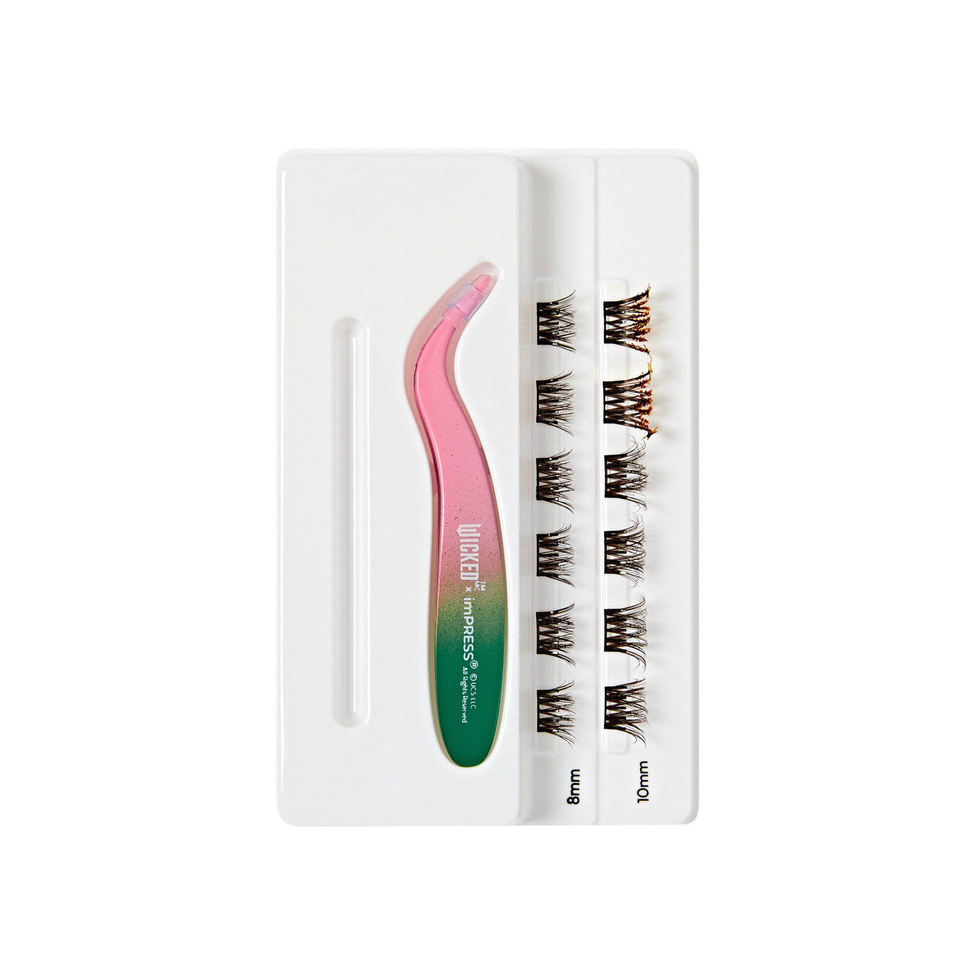 The image features a set of false eyelashes arranged on a white tray. The tray includes two different lengths of lashes, labeled as 8mm and 10mm. Next to the lashes, there is a pink and green applicator tool designed for easy handling and application of the lashes. The overall presentation is clean and organized, highlighting the beauty products effectively.