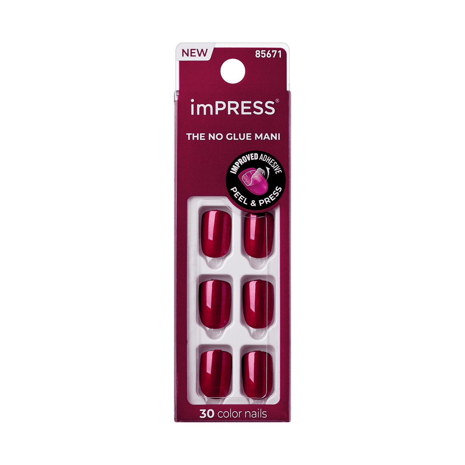 The image shows a package of imPRESS press-on nails. The packaging is predominantly maroon and white. The top of the package has the word "NEW" and the number "85671". Below that, the brand name "imPRESS" is prominently displayed, followed by the tagline "THE NO GLUE MANI". There is a circular label indicating "IMPROVED ADHESIVE PEEL &amp; PRESS". The package contains 30 color nails, and six of the nails are visible through a transparent window. The nails are a glossy, deep red color.