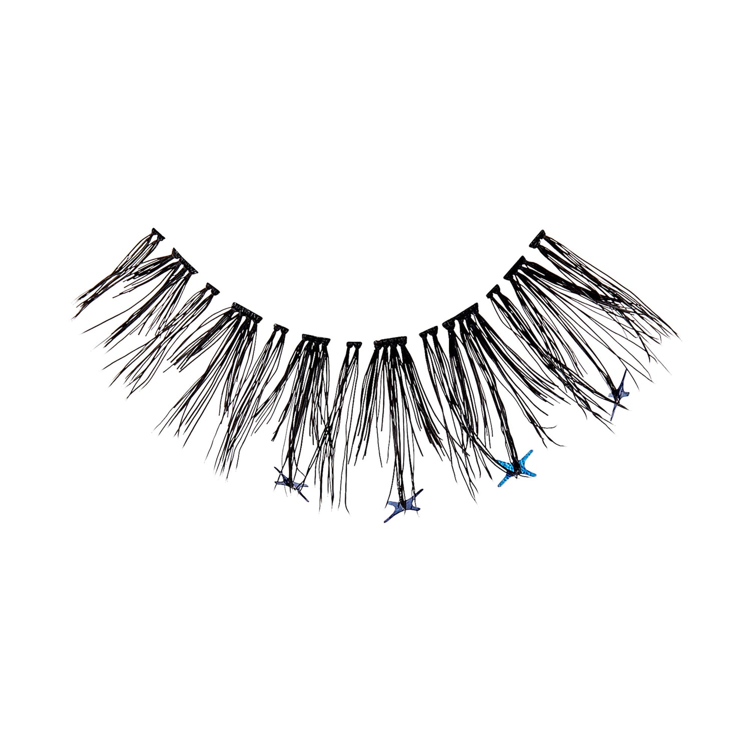 The image shows a single strip of false eyelashes. The eyelashes are black and have a dramatic, voluminous design with long, wispy strands. Additionally, there are small blue star-shaped decorations interspersed among the lashes, adding a unique and decorative touch. The strip appears to be designed for application to the upper eyelid to enhance the appearance of natural eyelashes.