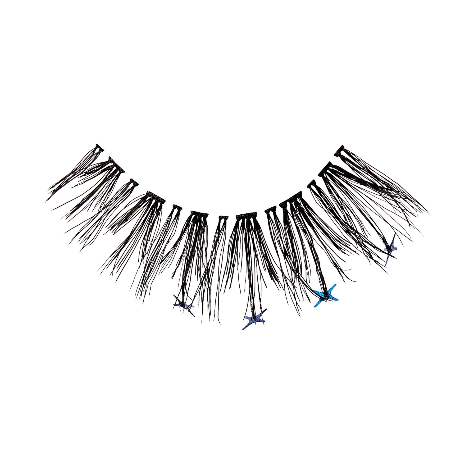 The image shows a single strip of false eyelashes. The eyelashes are black and have a dramatic, voluminous design with long, wispy strands. Additionally, there are small blue star-shaped decorations interspersed among the lashes, adding a unique and decorative touch. The strip appears to be designed for application to the upper eyelid to enhance the appearance of natural eyelashes.