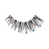 The image shows a single strip of false eyelashes. The eyelashes are black and have a dramatic, voluminous design with long, wispy strands. Additionally, there are small blue star-shaped decorations interspersed among the lashes, adding a unique and decorative touch. The strip appears to be designed for application to the upper eyelid to enhance the appearance of natural eyelashes.